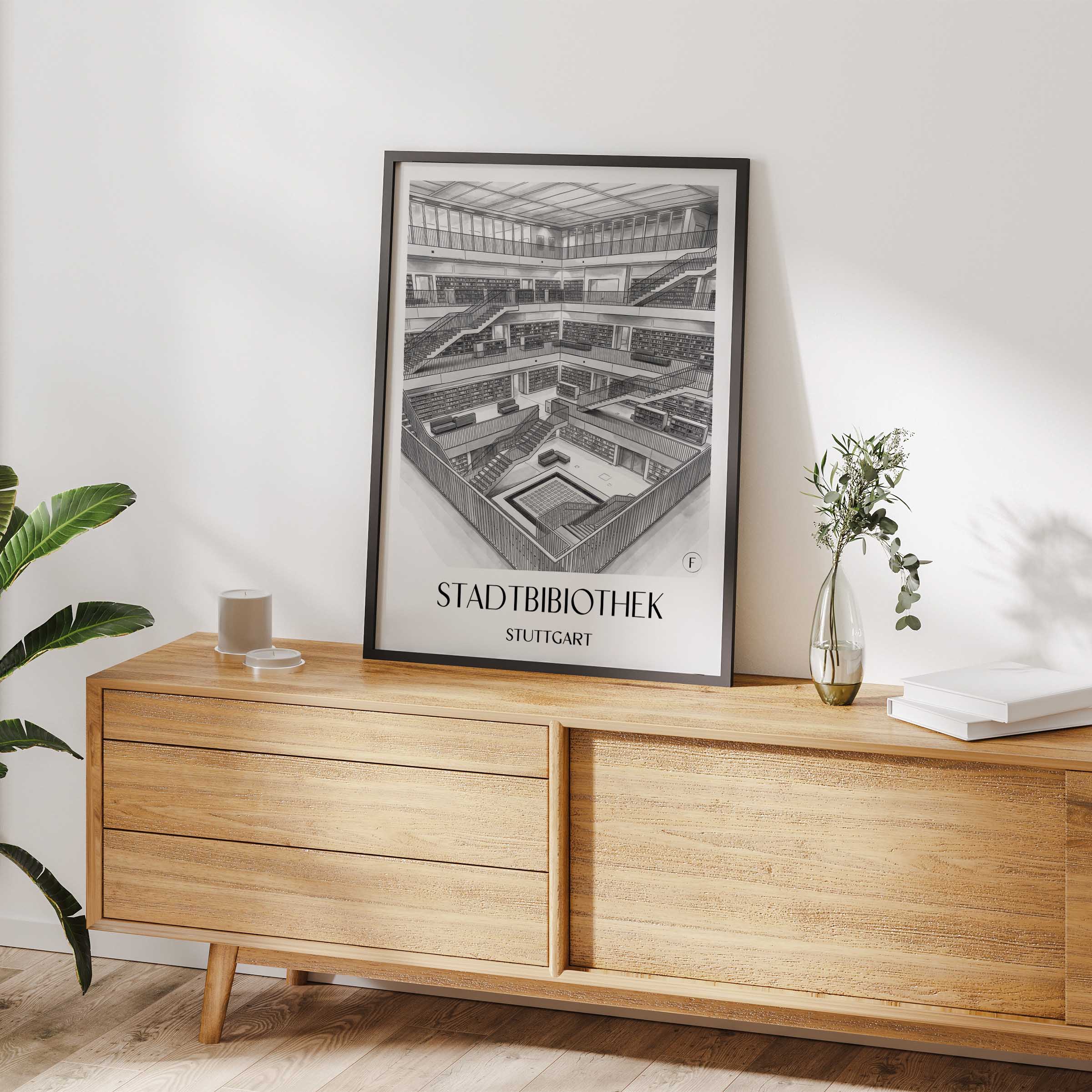 stadtbibiothek-stuttgart-deutschland-poster-aquarell-schwarz-weiss