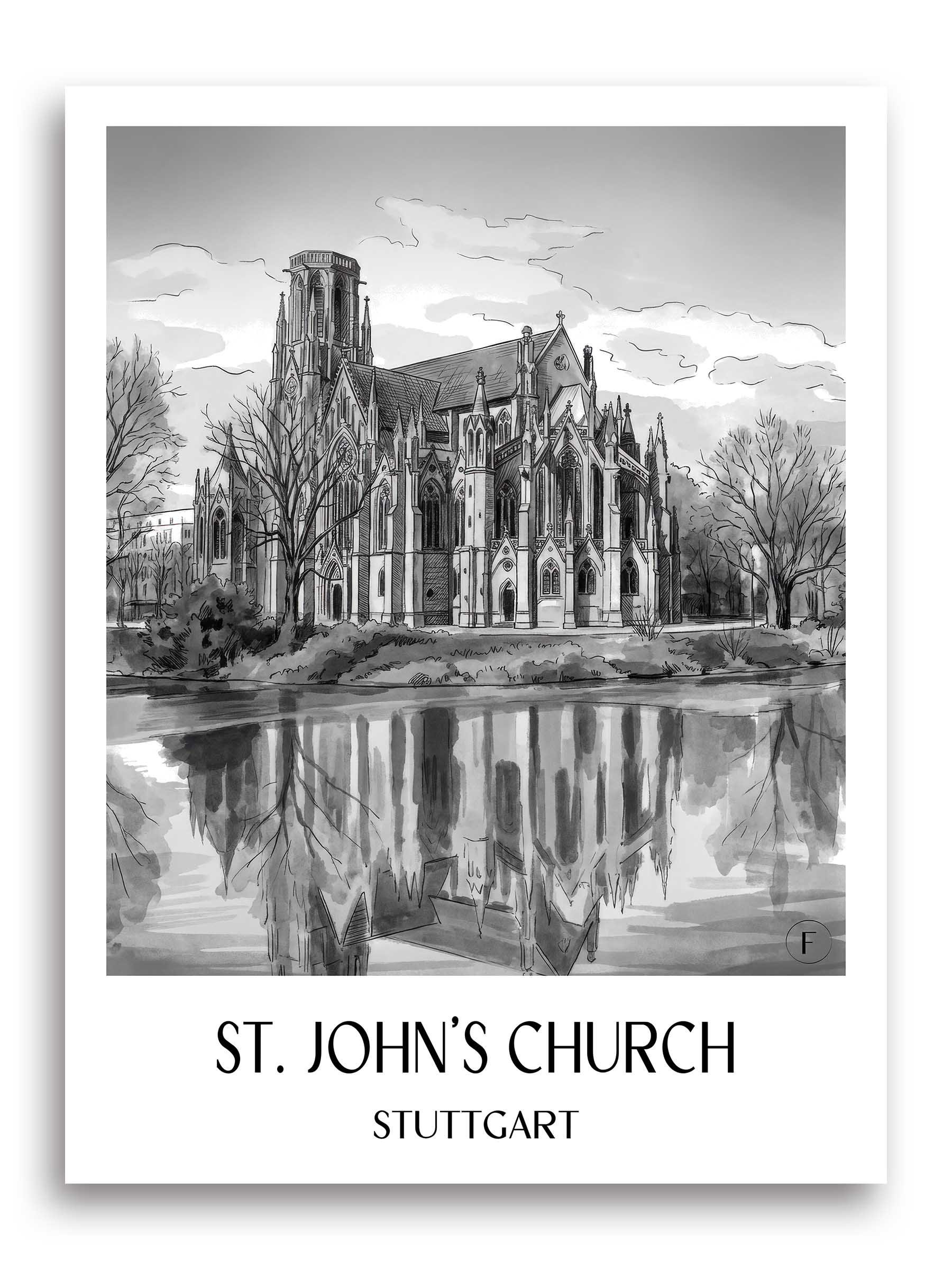 Johanneskirche Poster - Stuttgart - Deutschland Kunstdruck - Aquarell Schwarz-Weiß von A4 bis A1