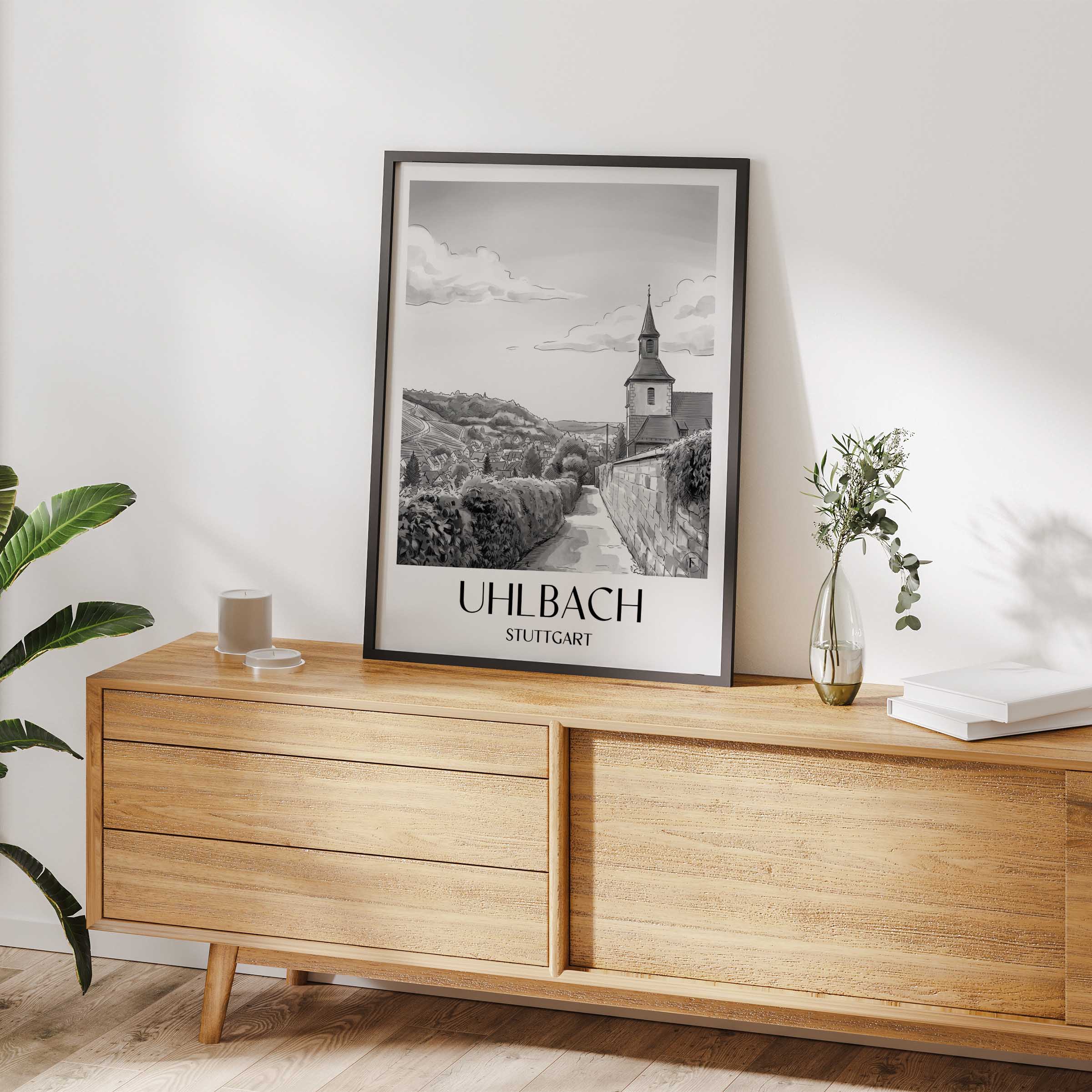 uhlbach-stuttgart-deutschland-poster-aquarell-schwarz-weiss