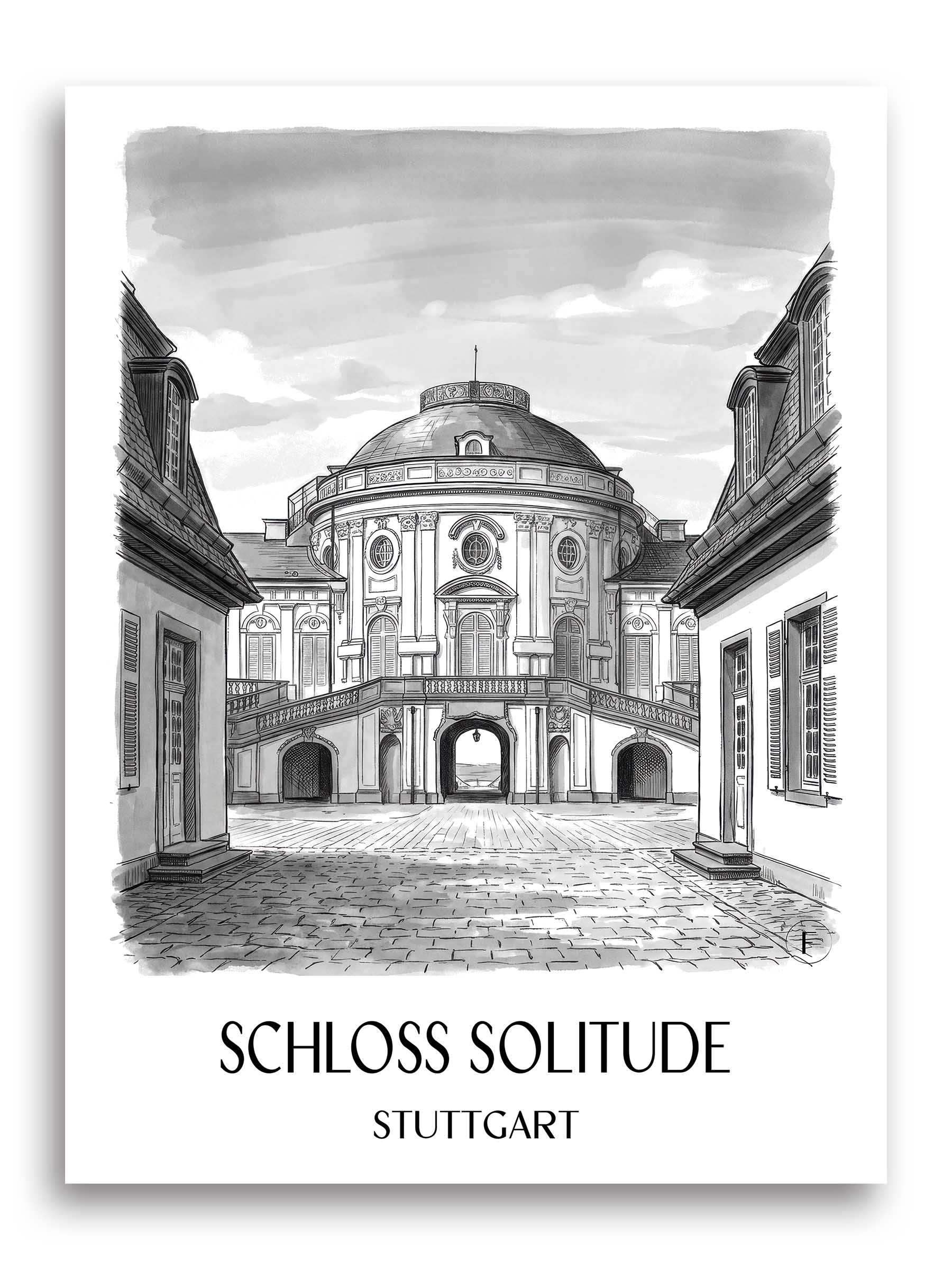 schloss-solitude-stuttgart-deutschland-poster-aquarell-schwarz-weiss