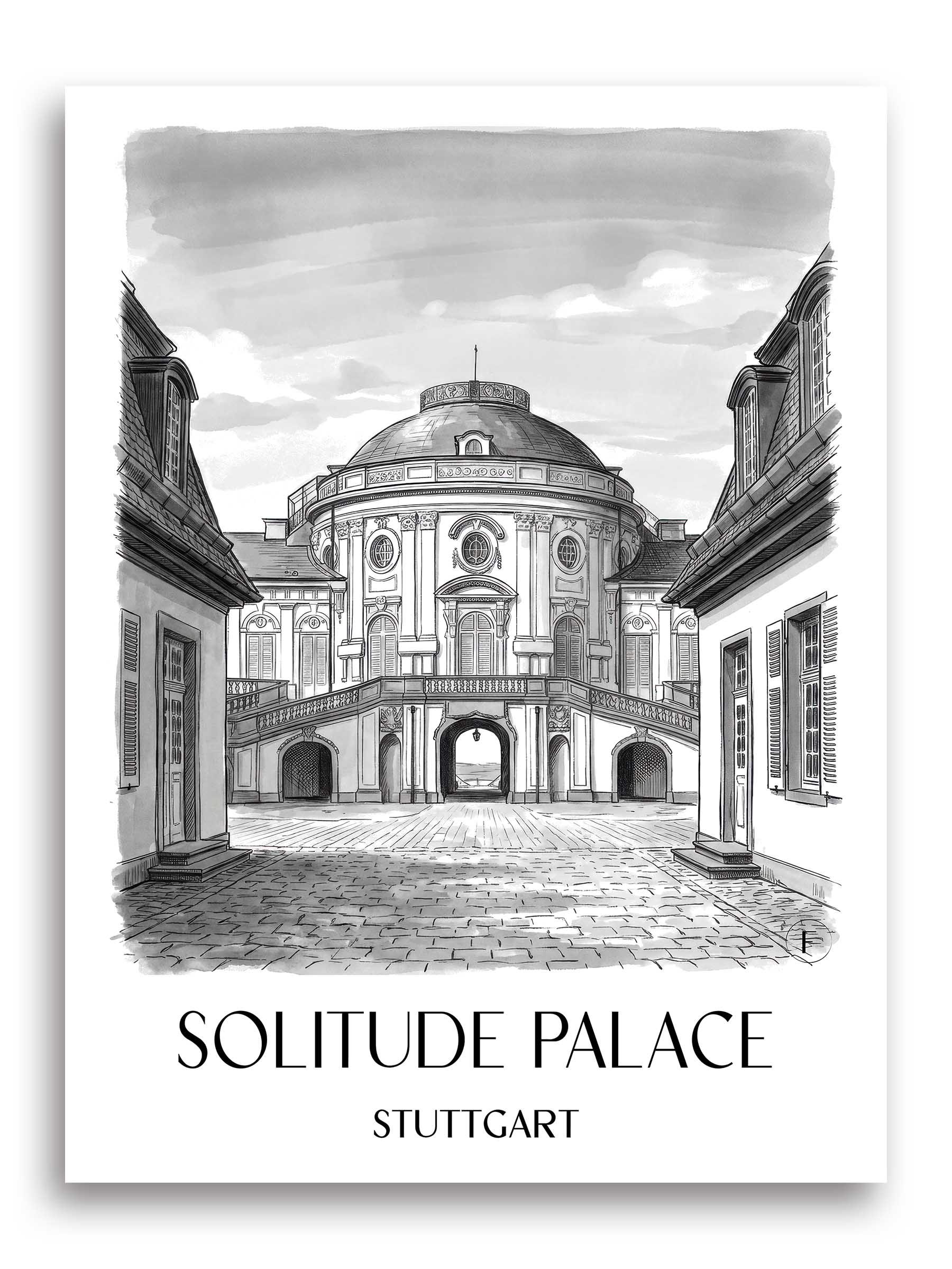 Schloss Solitude Poster - Stuttgart - Deutschland Kunstdruck - Aquarell Schwarz-Weiß von A4 bis A1