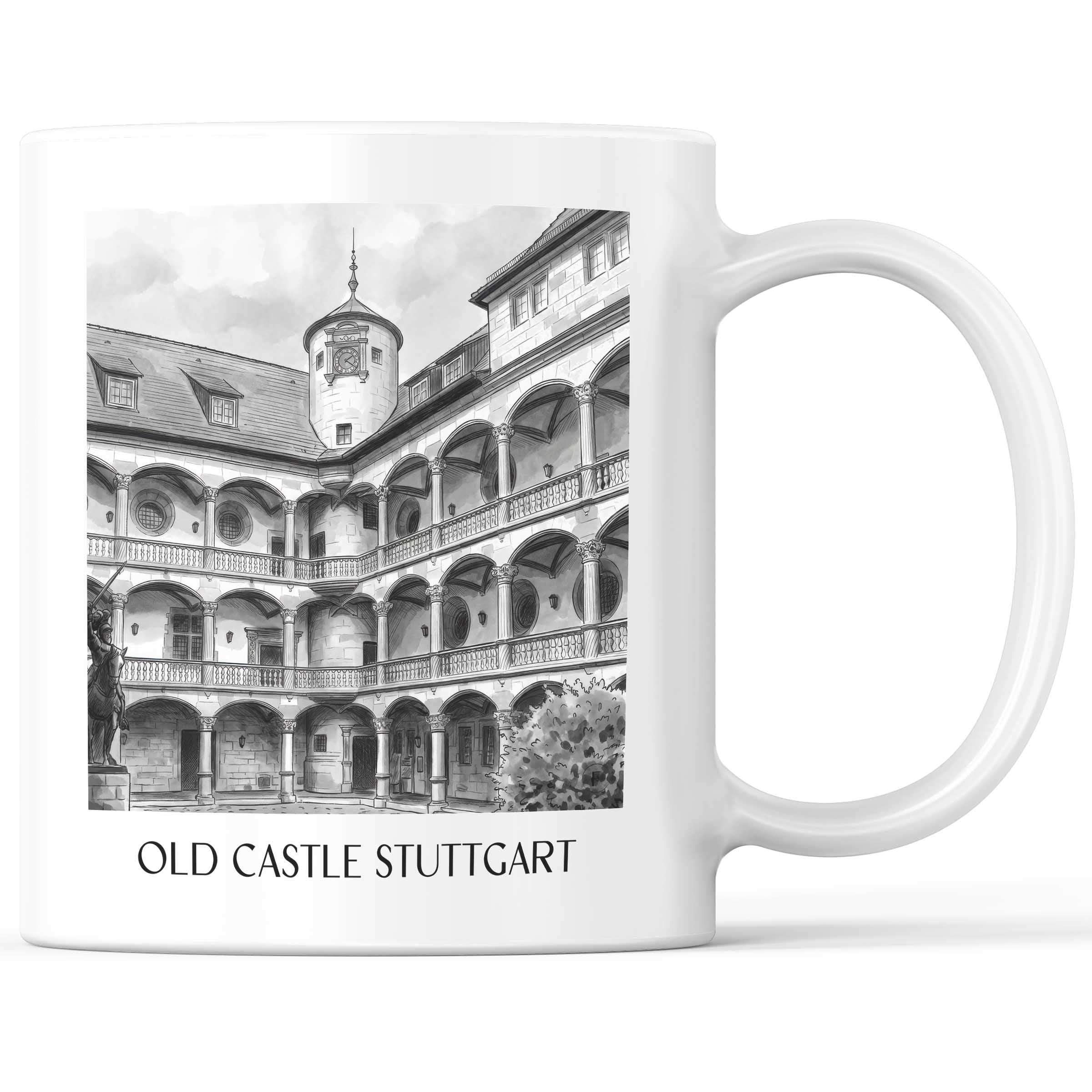 Altes Schloss Kaffeebecher - Stuttgart - Deutschland Becher - Kaffeetasse im Aquarell Schwarz-Weiß Stil