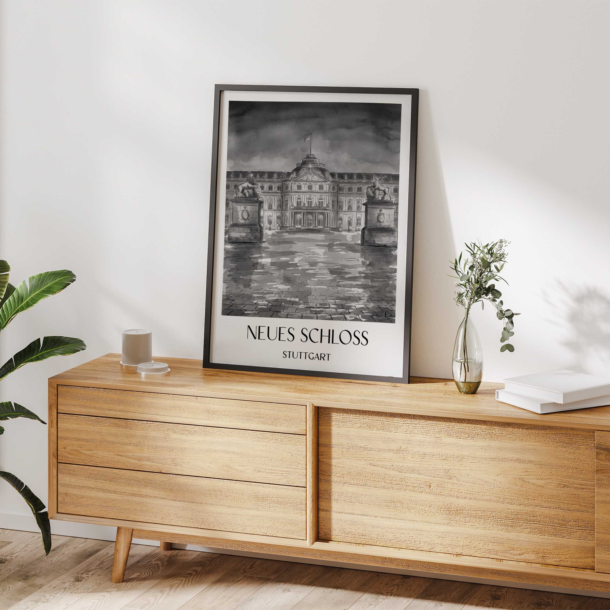 neues-schloss-stuttgart-deutschland-poster-aquarell-schwarz-weiss