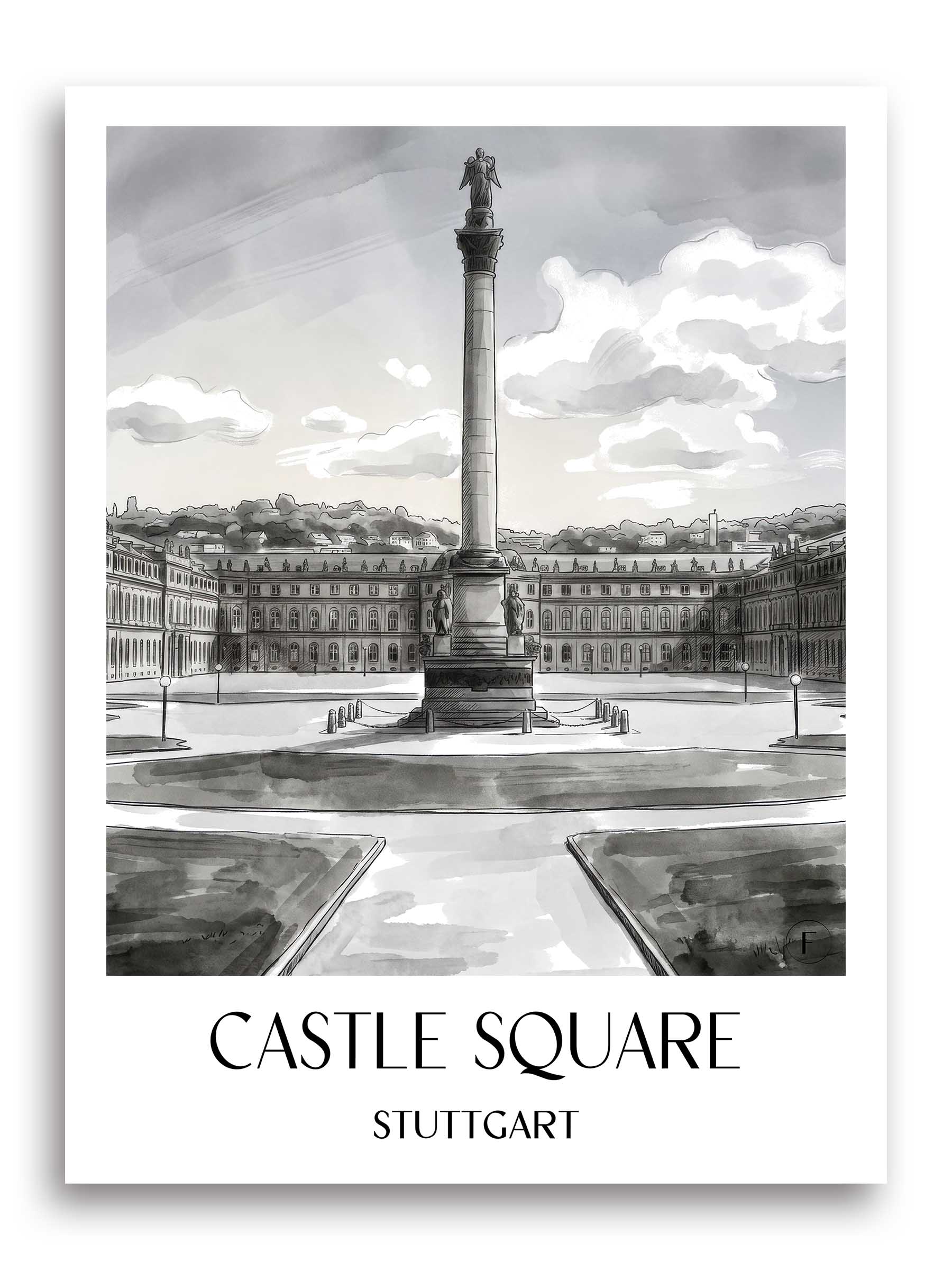 Schlossplatz Poster - Stuttgart - Deutschland Kunstdruck - Aquarell Schwarz-Weiß von A4 bis A1