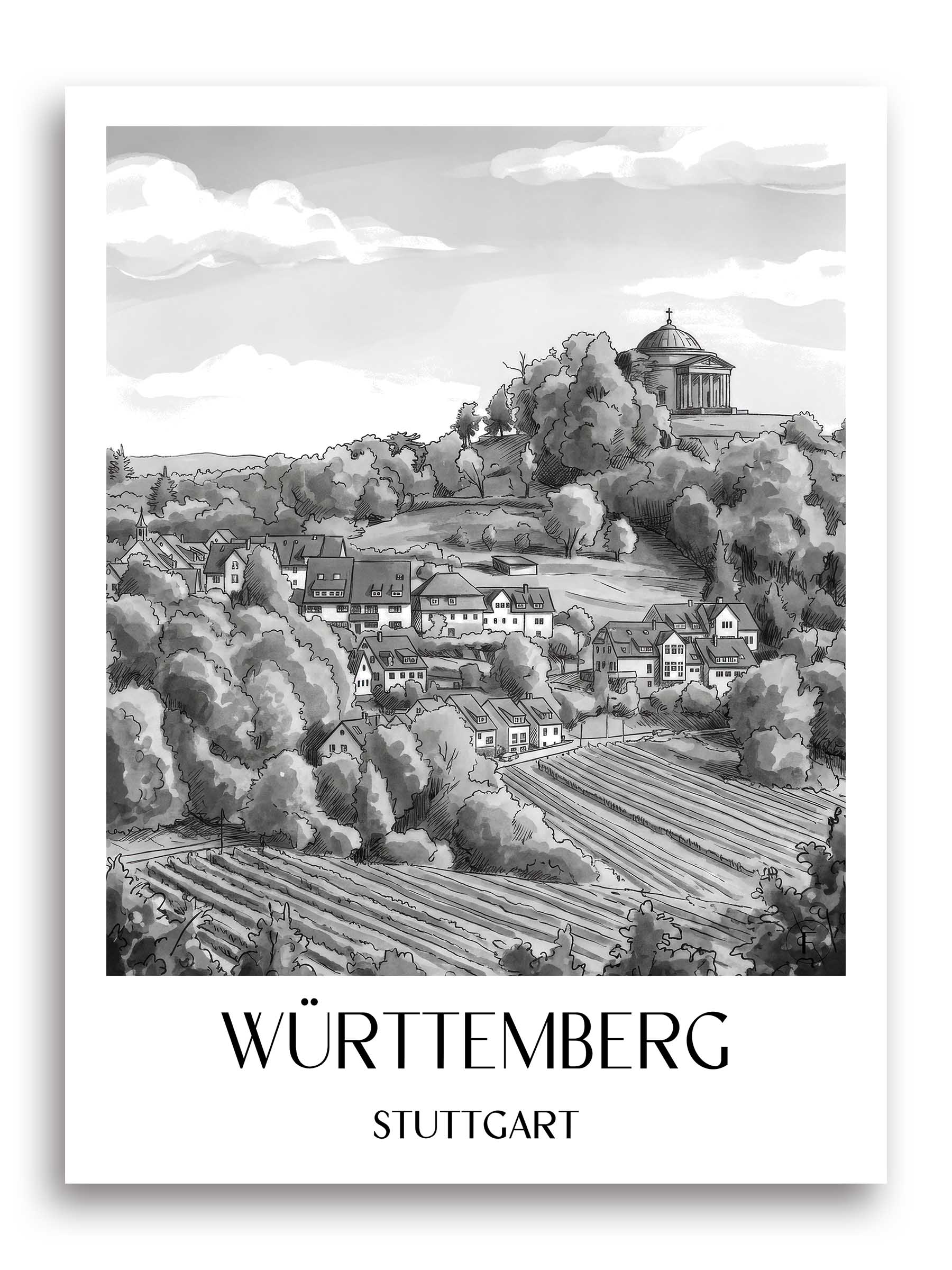 württemberg-stuttgart-deutschland-poster-aquarell-schwarz-weiss