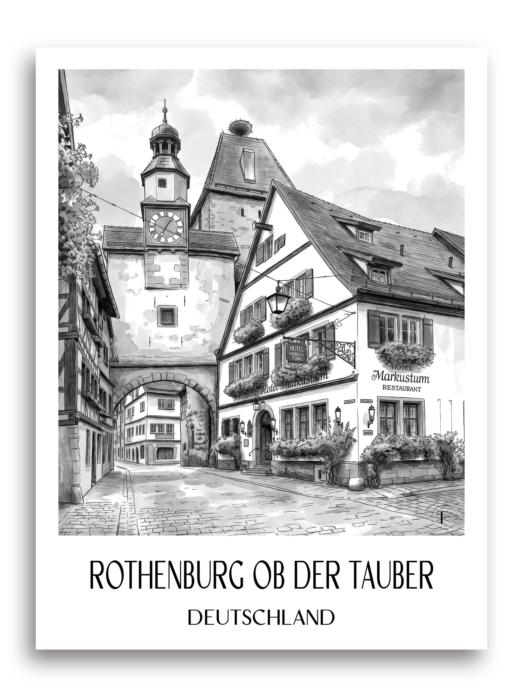 rothenburg-ob-der-tauber-deutschland-poster-aquarell-schwarz-weiss