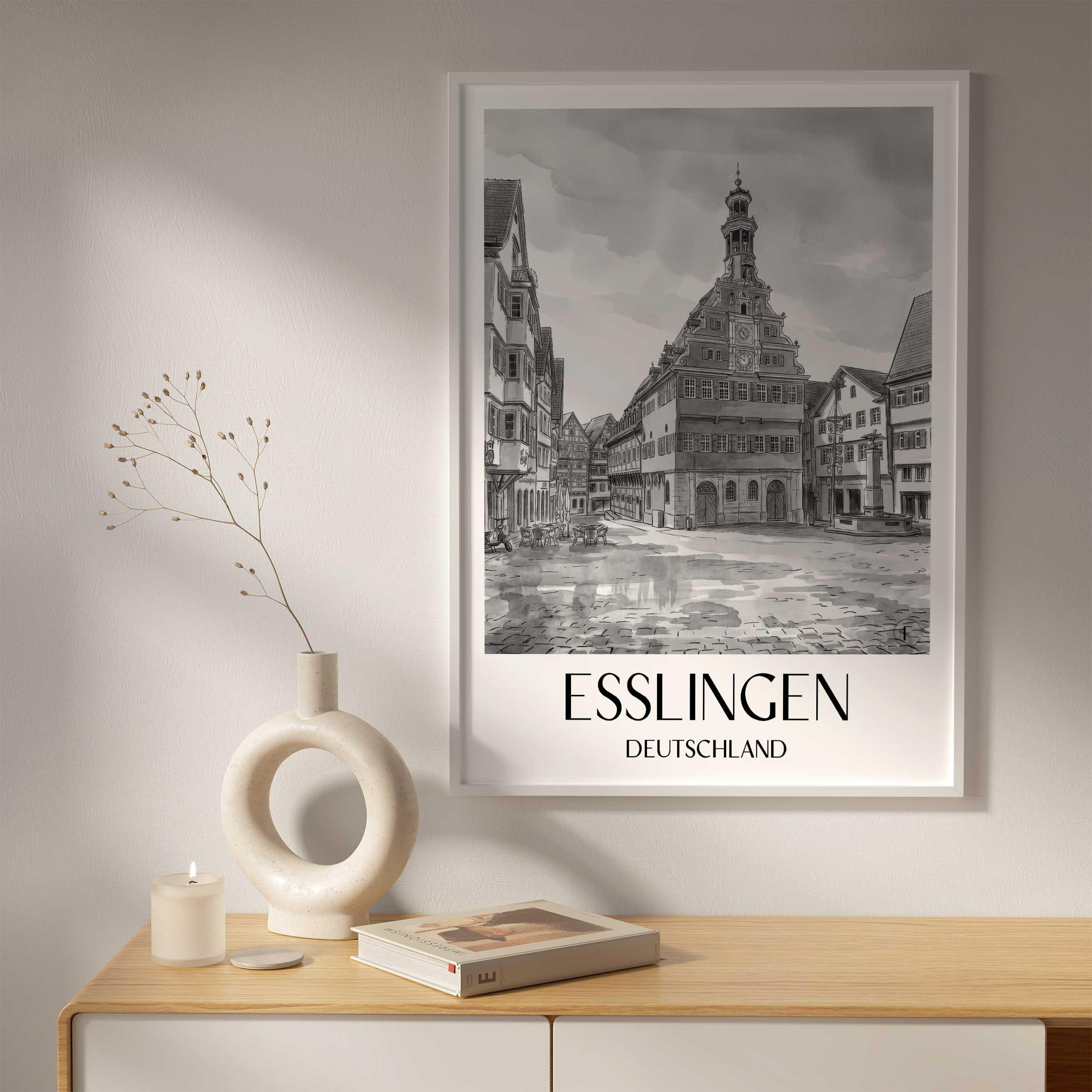 esslingen-deutschland-poster-aquarell-schwarz-weiss