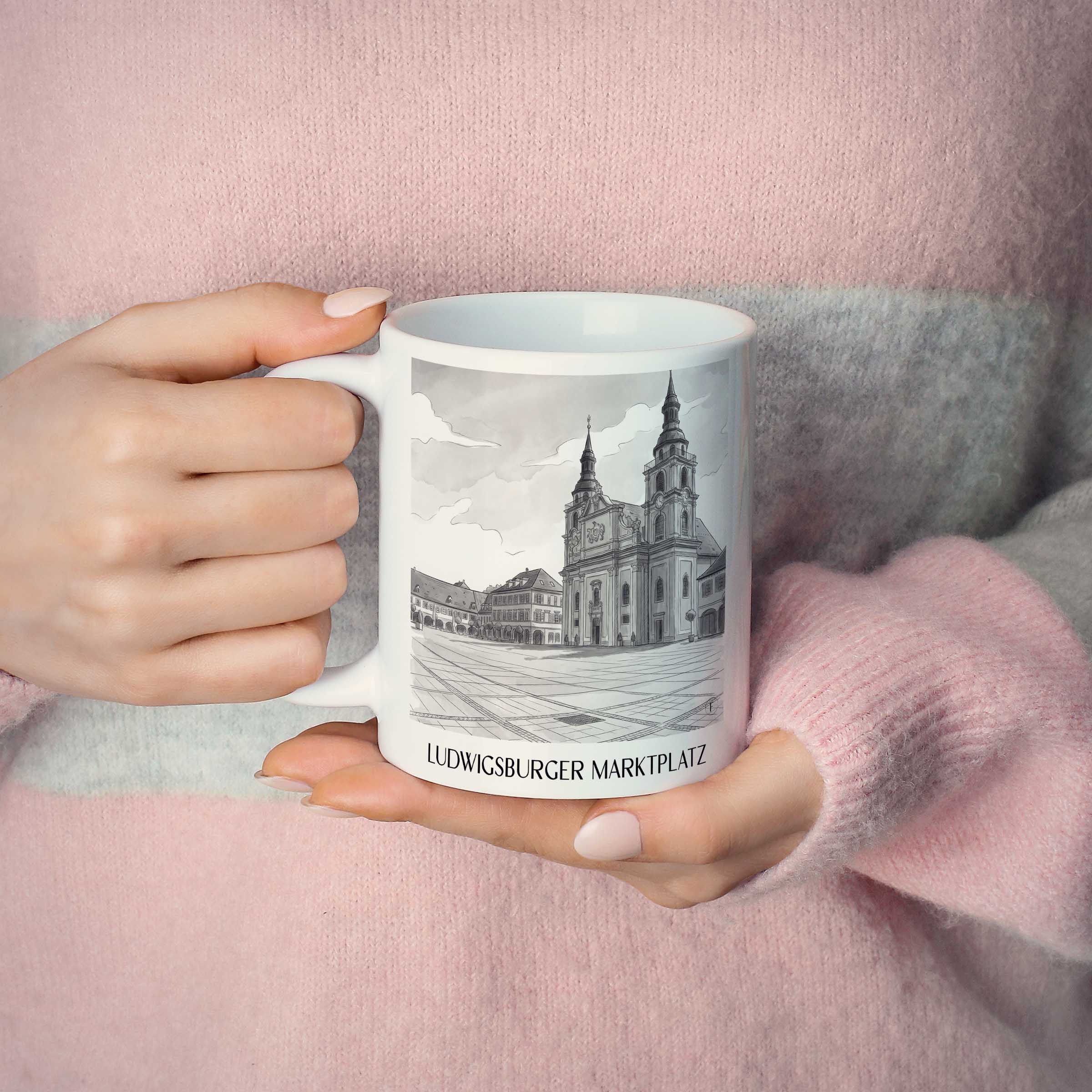 marktplatz-ludwigsburg-deutschland-kaffeebecher-aquarell-schwarz-weiss