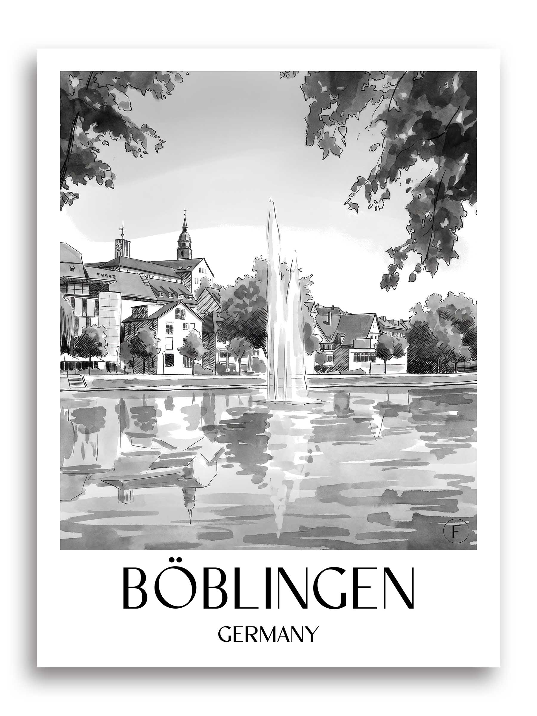 Böblingen Poster - - Deutschland Kunstdruck - Aquarell Schwarz-Weiß von A4 bis A1