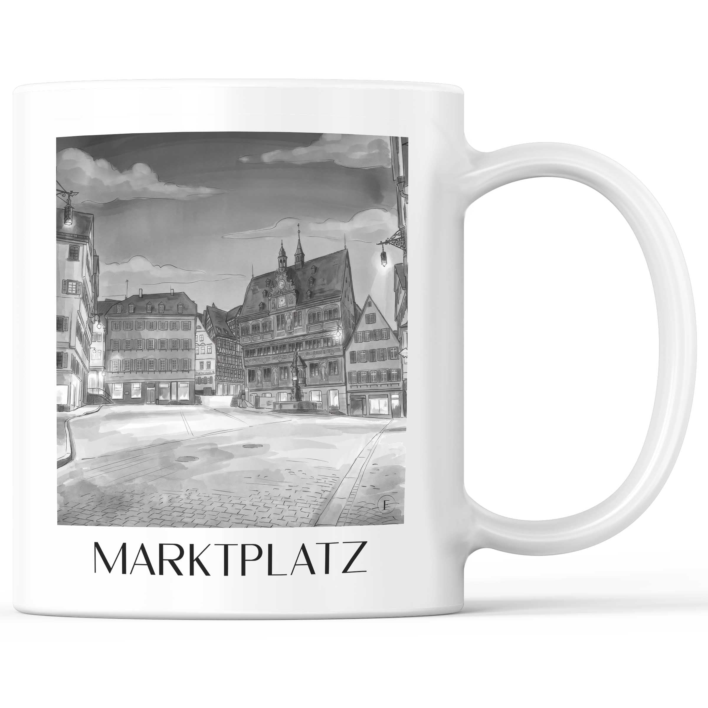 Marktplatz Kaffeebecher - Tübingen - Deutschland Becher - Kaffeetasse im Aquarell Schwarz-Weiß Stil