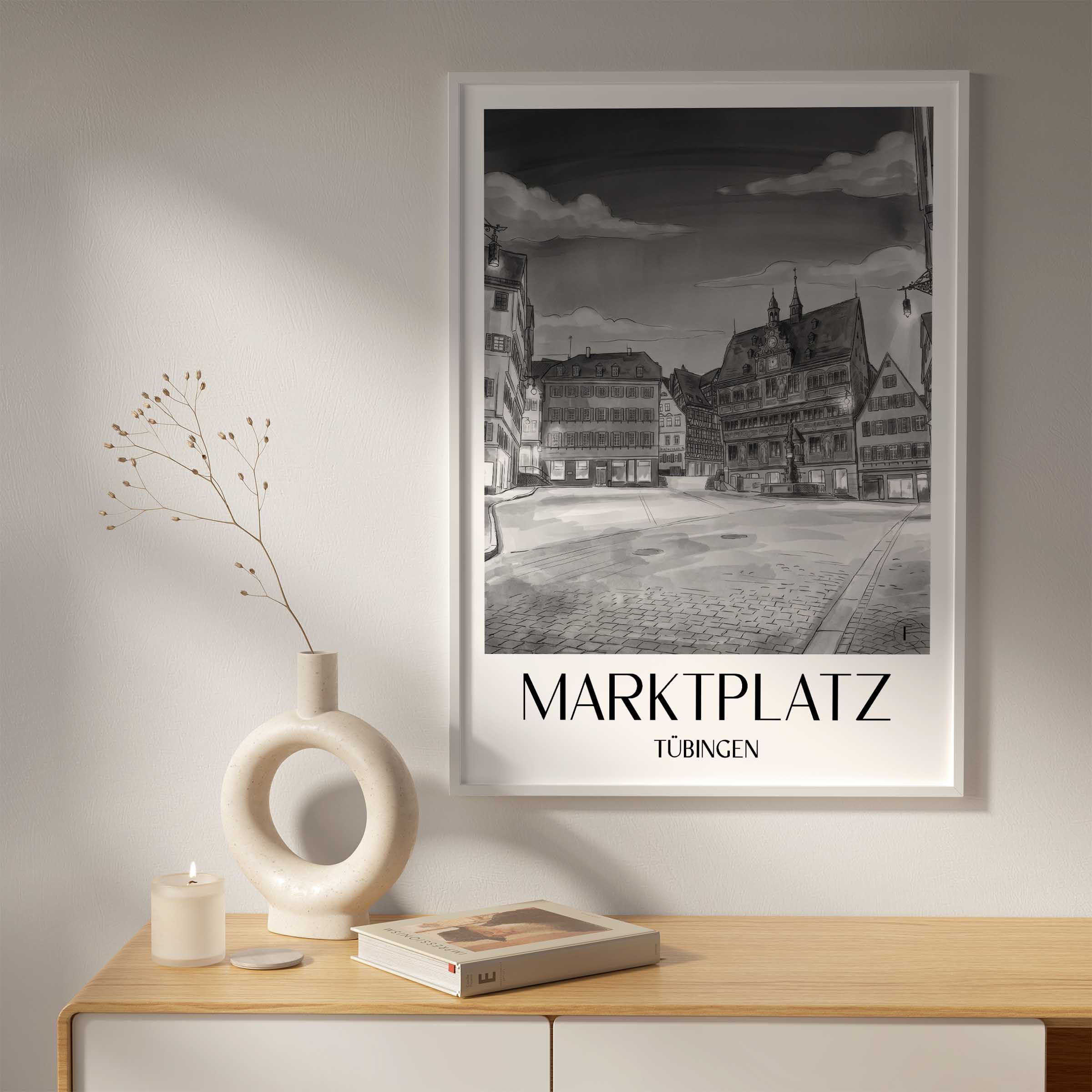 marktplatz-tübingen-deutschland-poster-aquarell-schwarz-weiss