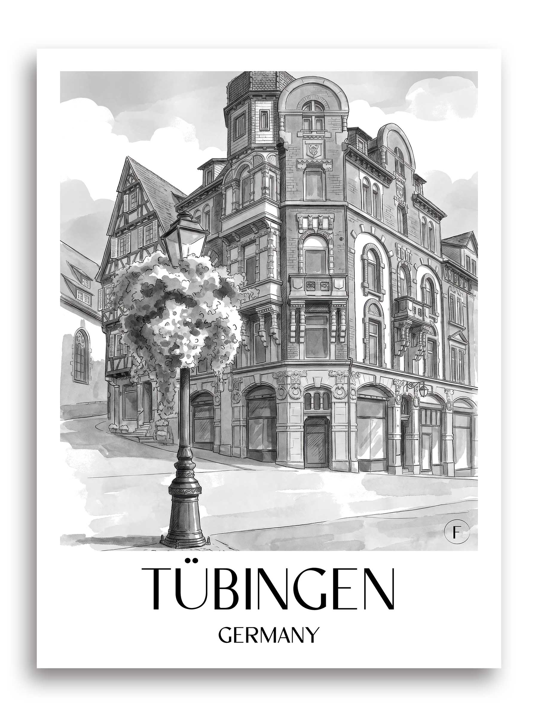 Tübingen Poster - - Deutschland Kunstdruck - Aquarell Schwarz-Weiß von A4 bis A1