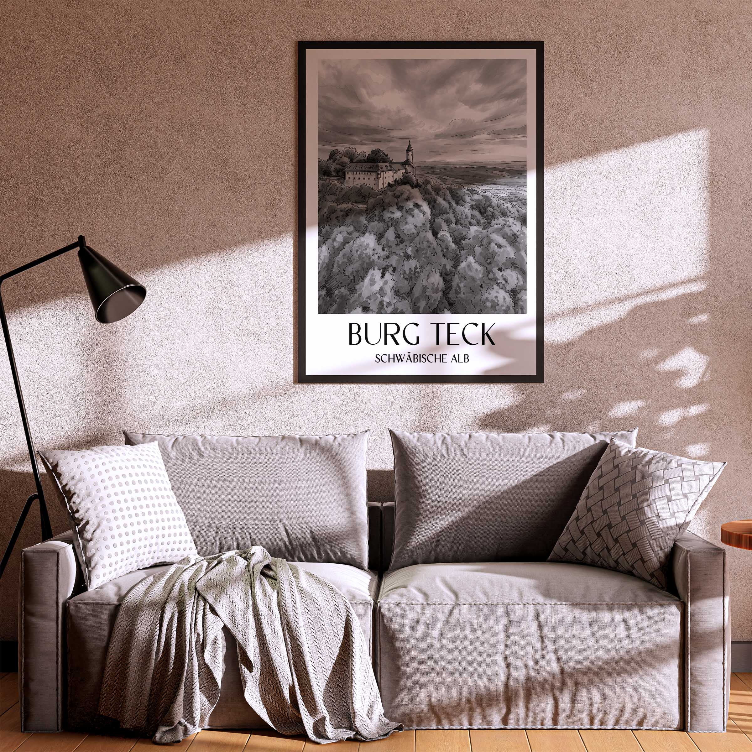 burg-teck-schwäbische-alb-deutschland-poster-aquarell-schwarz-weiss