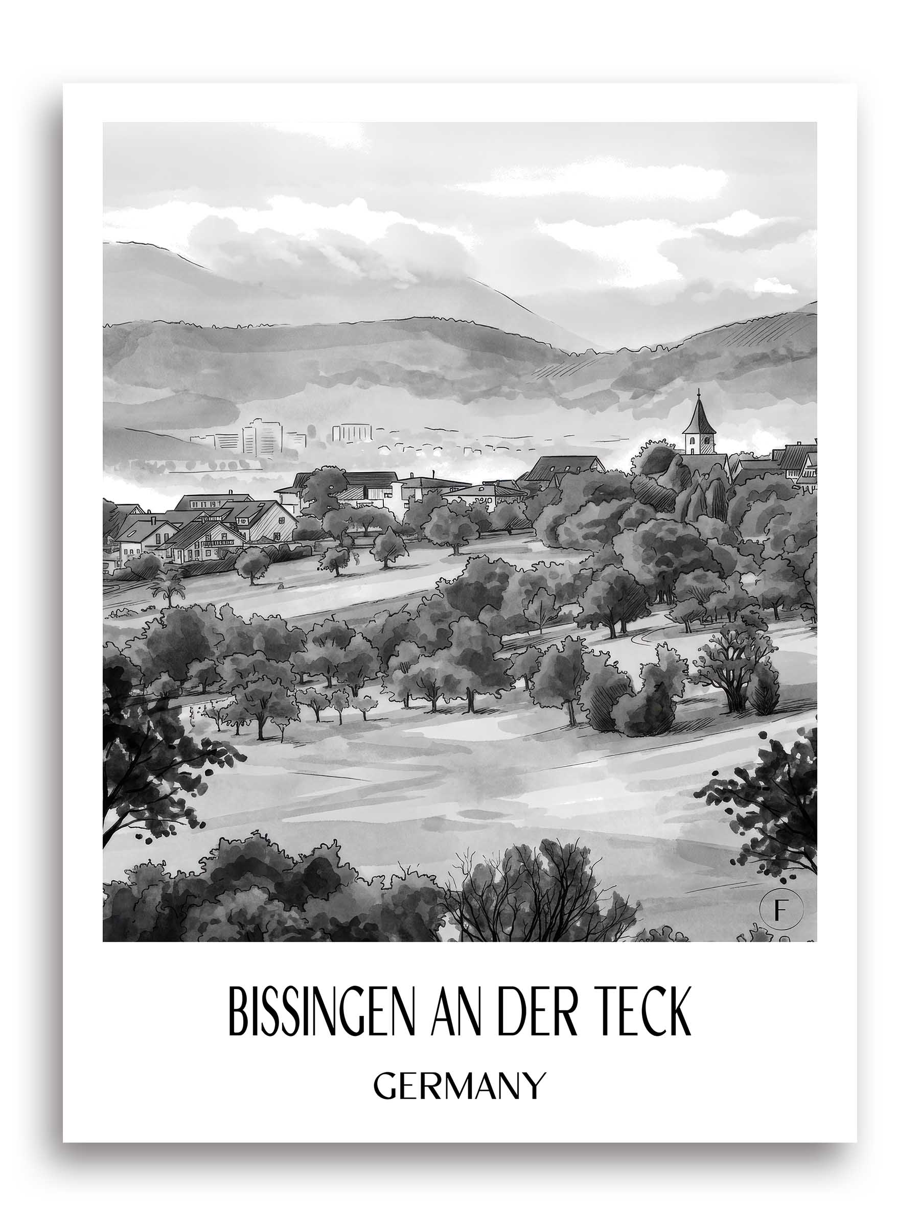 Bissingen an der Teck Poster - - Deutschland Kunstdruck - Aquarell Schwarz-Weiß von A4 bis A1