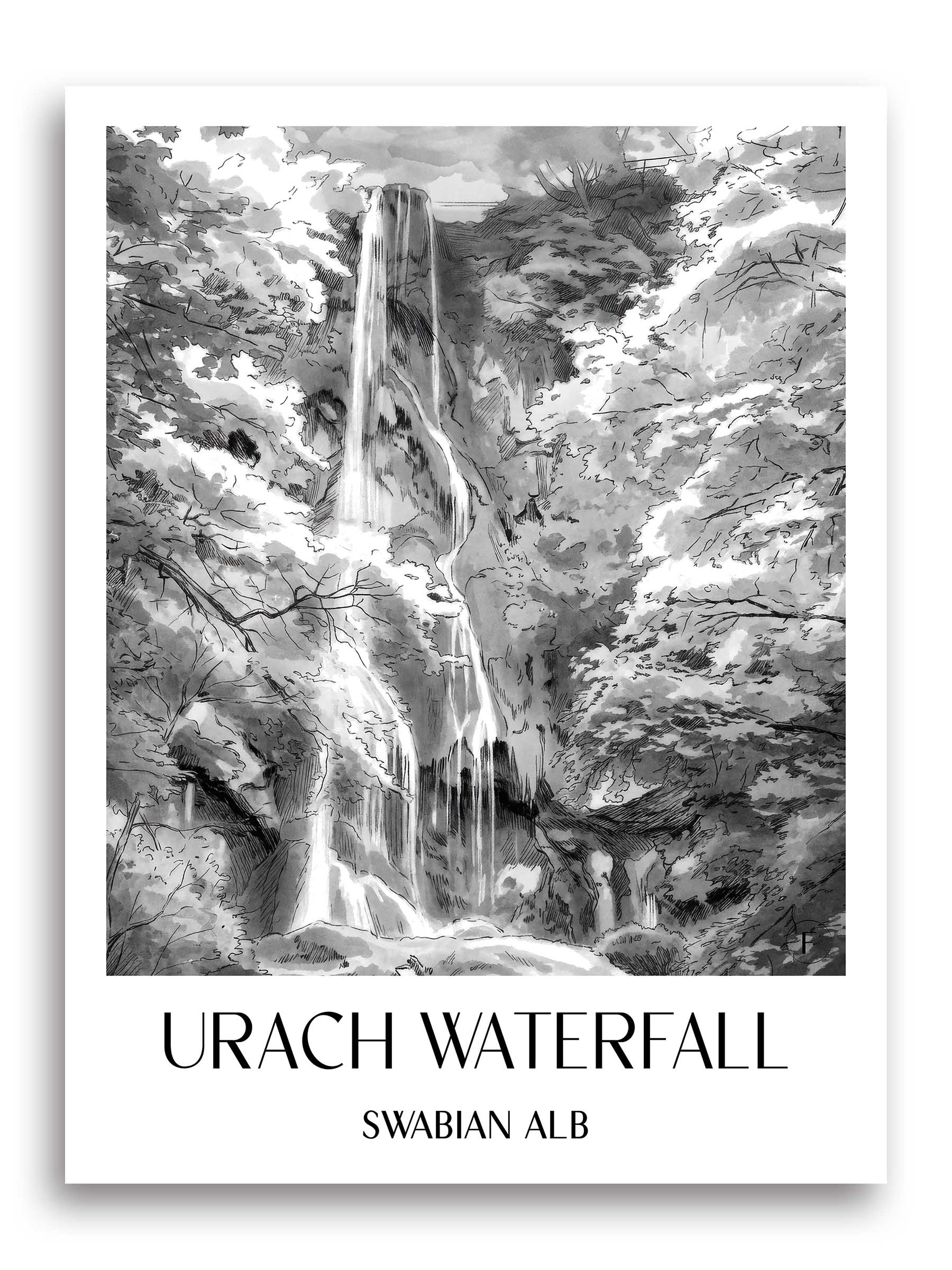 Uracher Wasserfall Poster - Schwäbische Alb - Deutschland Kunstdruck - Aquarell Schwarz-Weiß von A4 bis A1