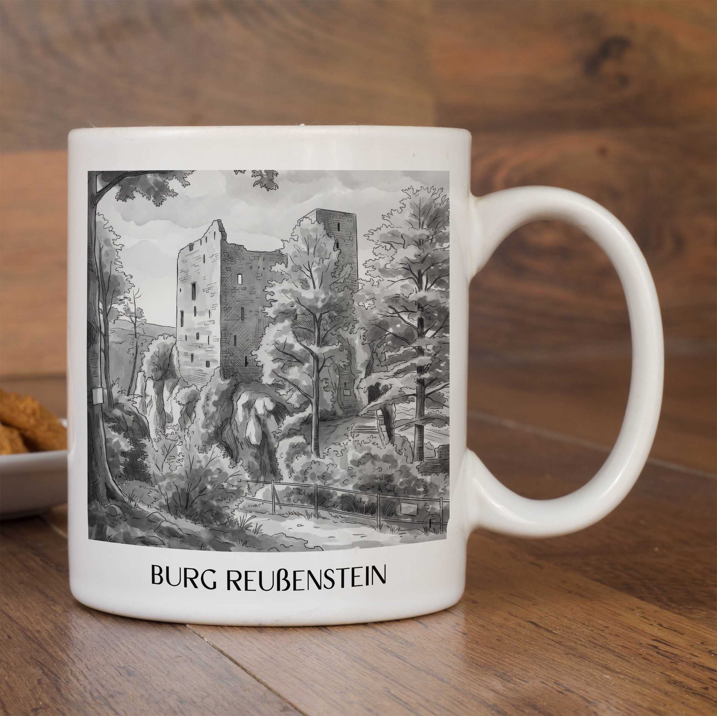 burg-reußenstein-schwäbische-alb-deutschland-kaffeebecher-aquarell-schwarz-weiss