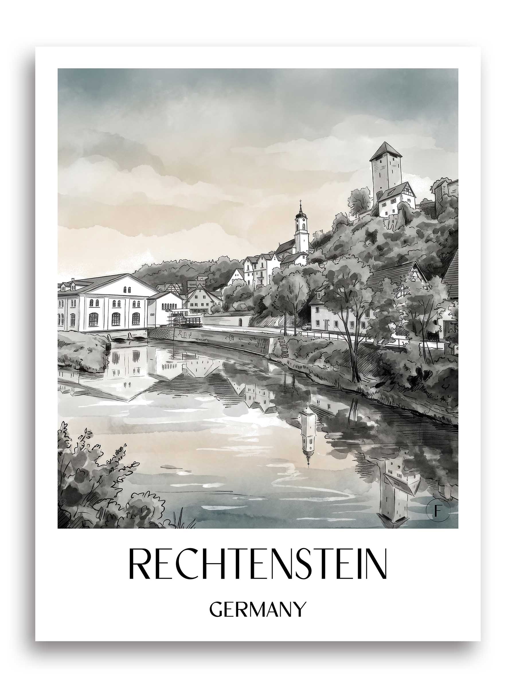 Rechtenstein Poster - - Deutschland Kunstdruck - Aquarell Schwarz-Weiß von A4 bis A1