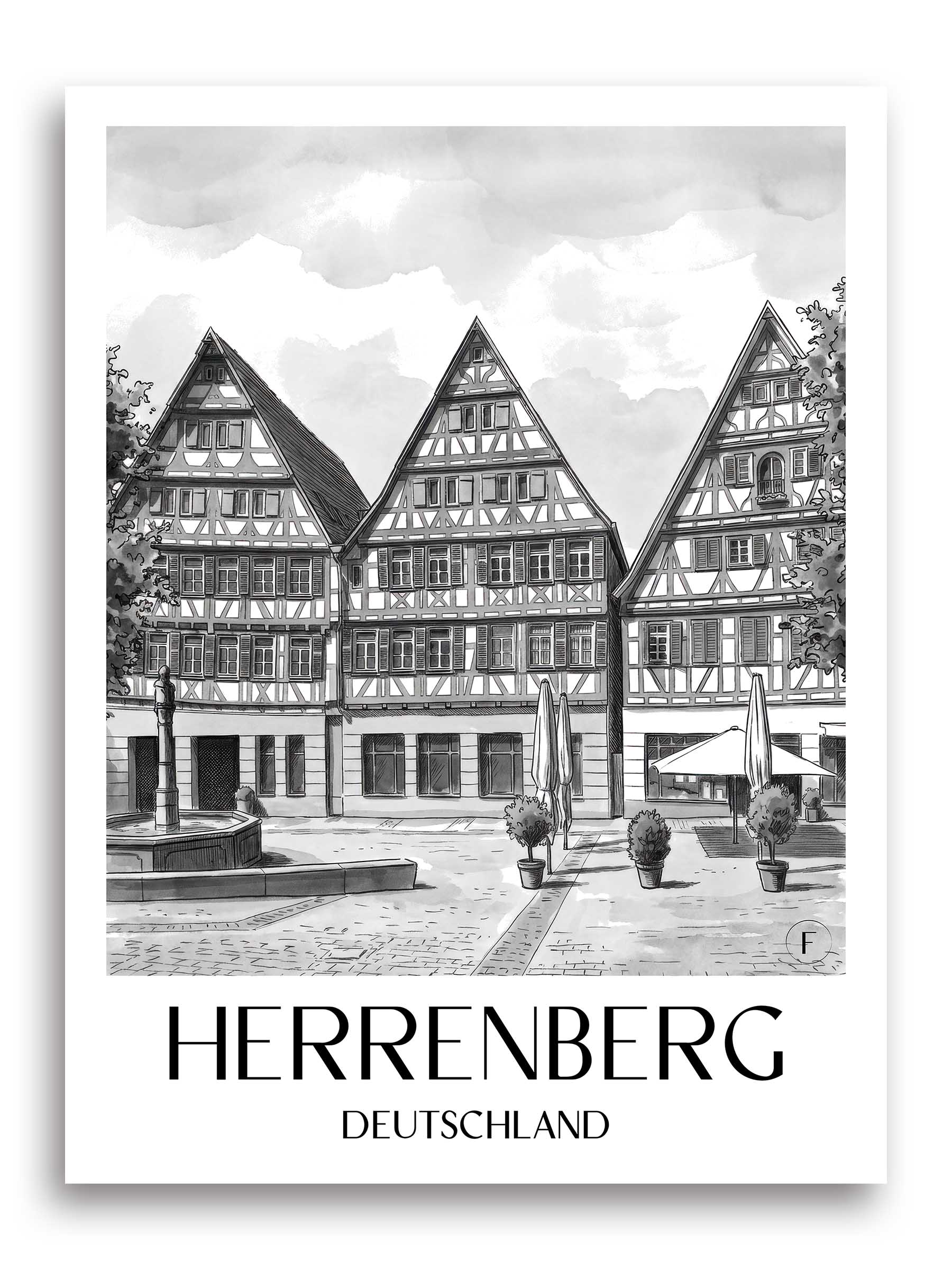 herrenberg-deutschland-poster-aquarell-schwarz-weiss