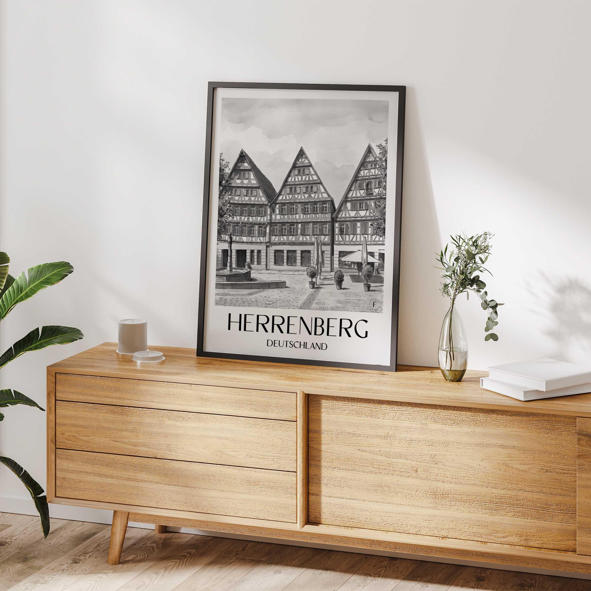 herrenberg-deutschland-poster-aquarell-schwarz-weiss
