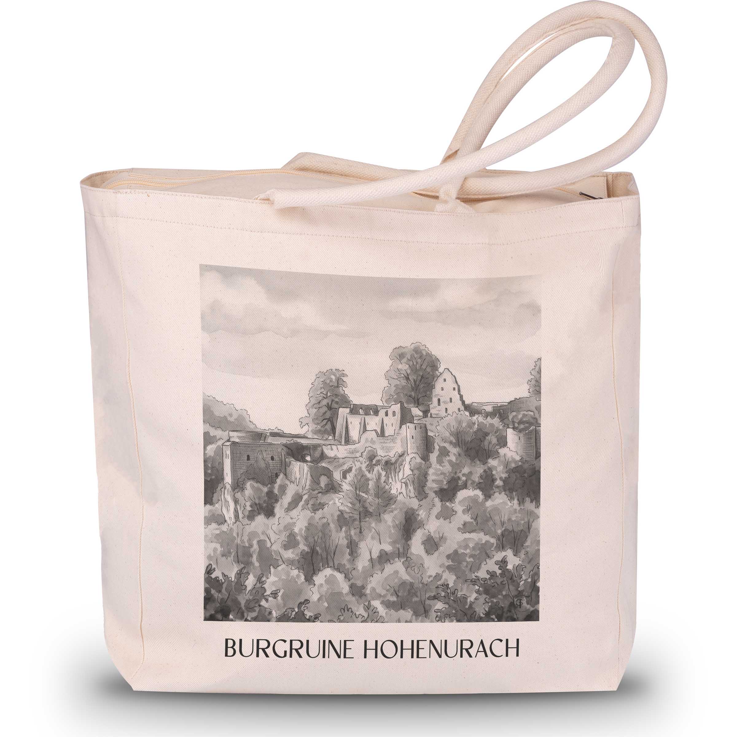 burgruine-hohenurach-schwäbische-alb-deutschland-einkaufstasche-aquarell-schwarz-weiss