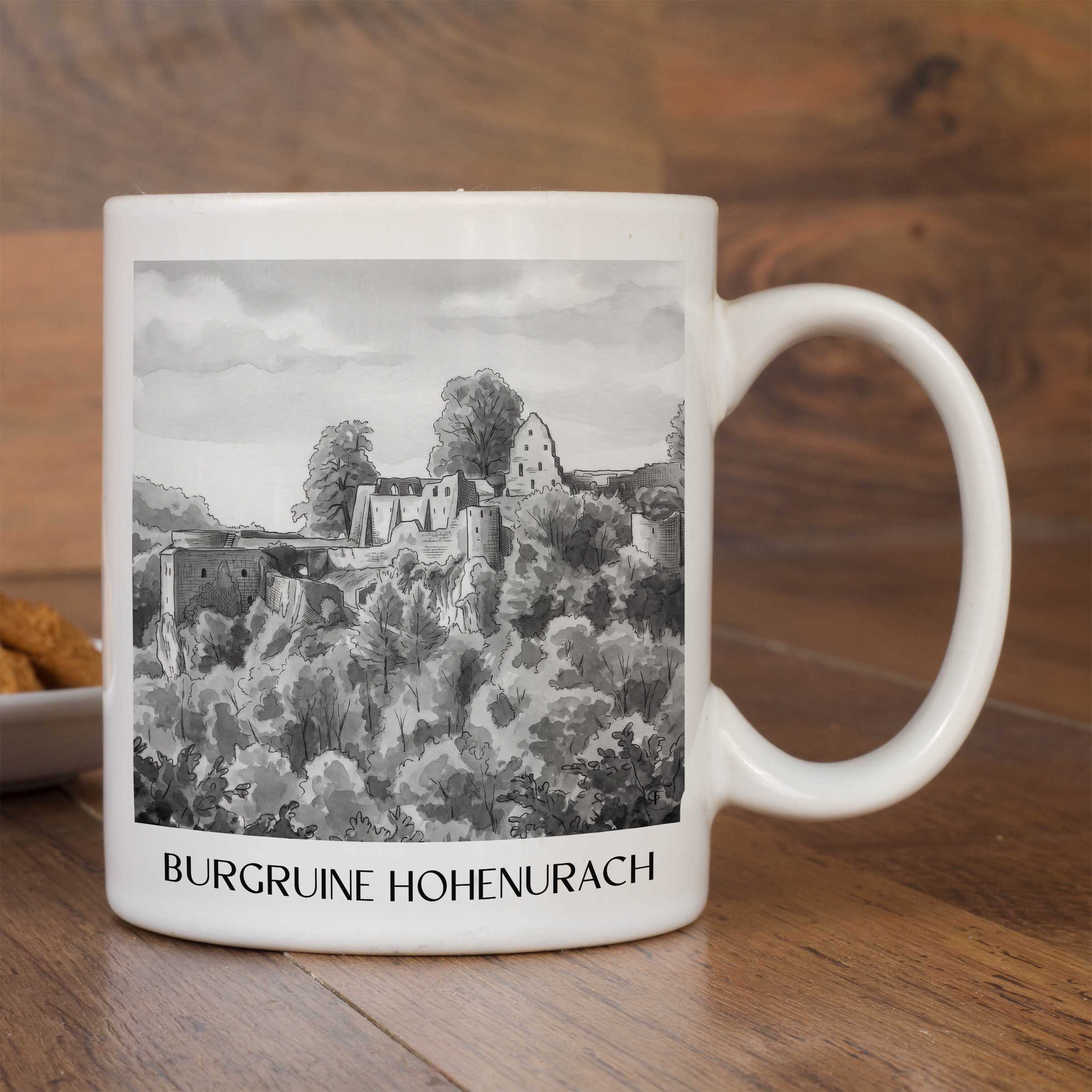 burgruine-hohenurach-schwäbische-alb-deutschland-kaffeebecher-aquarell-schwarz-weiss