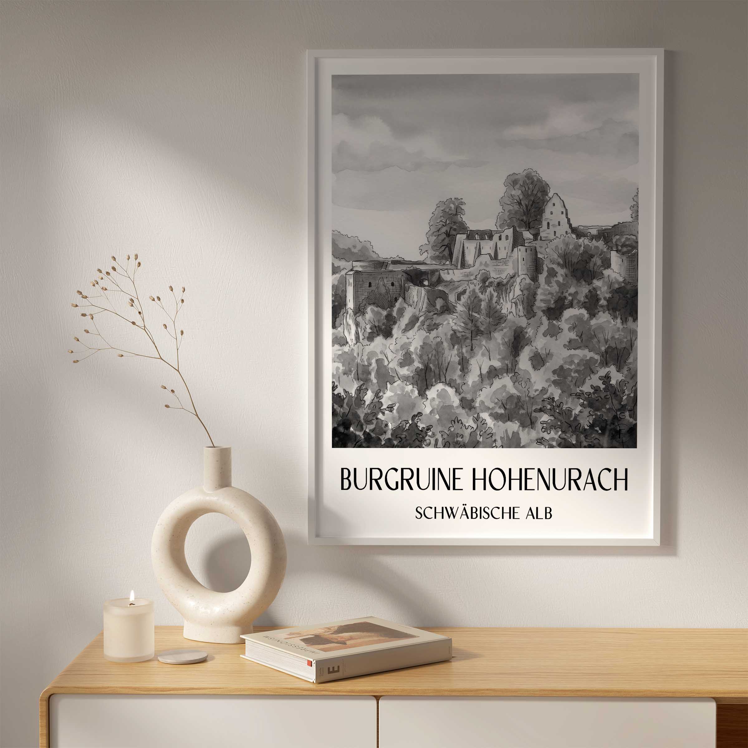burgruine-hohenurach-schwäbische-alb-deutschland-poster-aquarell-schwarz-weiss