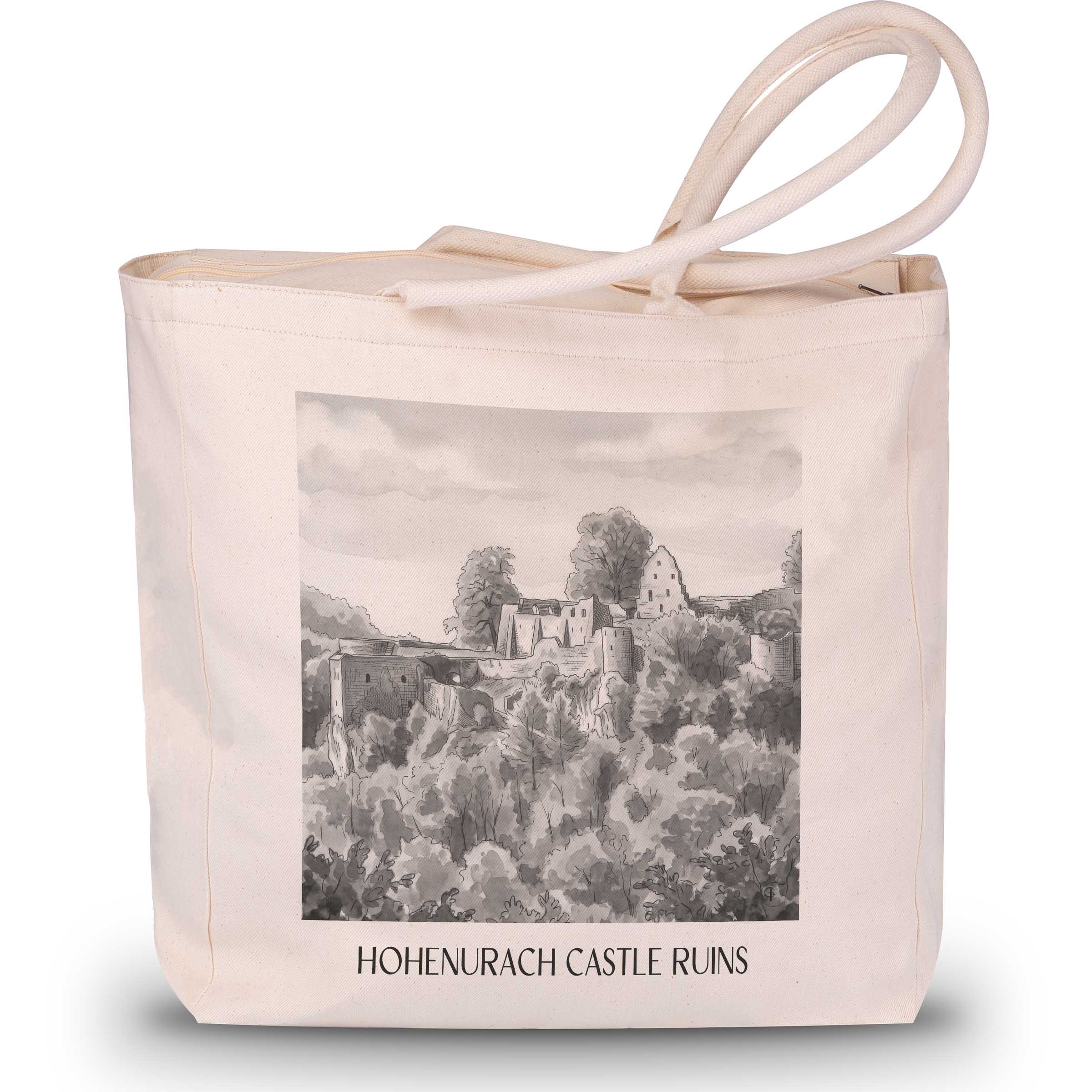 Burgruine Hohenurach Shopping Tasche - Schwäbische Alb - Deutschland Tote Bag - Einkaufstasche im Aquarell Schwarz-Weiß Stil