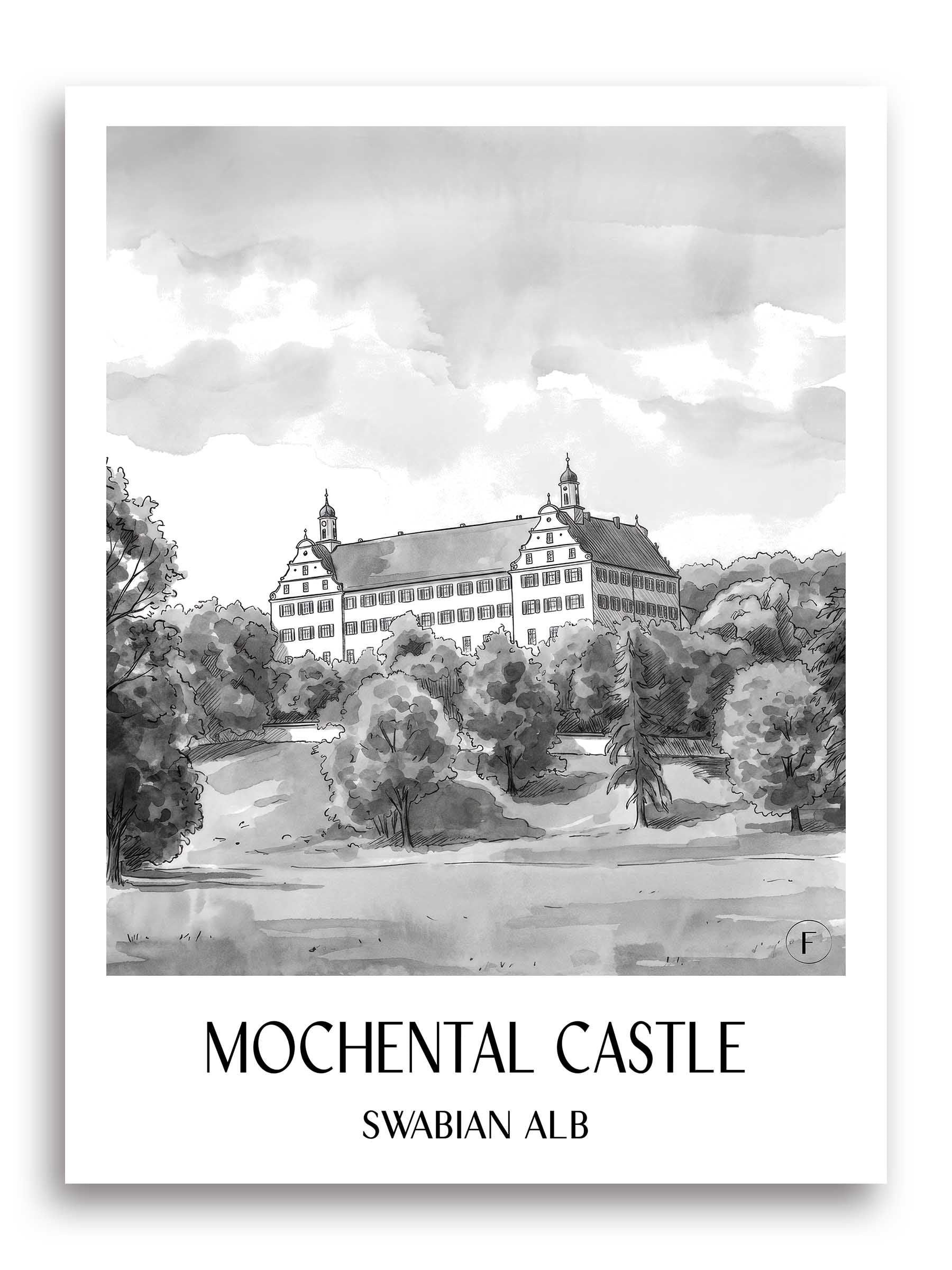 Schloss Mochental Poster - Schwäbische Alb - Deutschland Kunstdruck - Aquarell Schwarz-Weiß von A4 bis A1