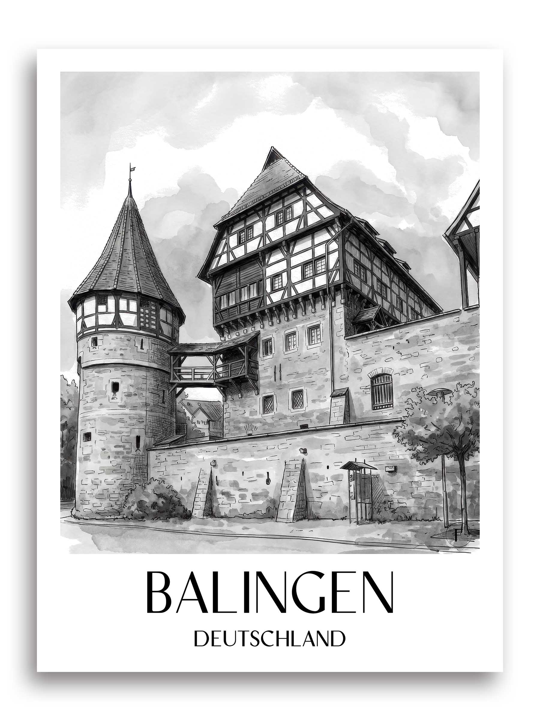 balingen-deutschland-poster-aquarell-schwarz-weiss