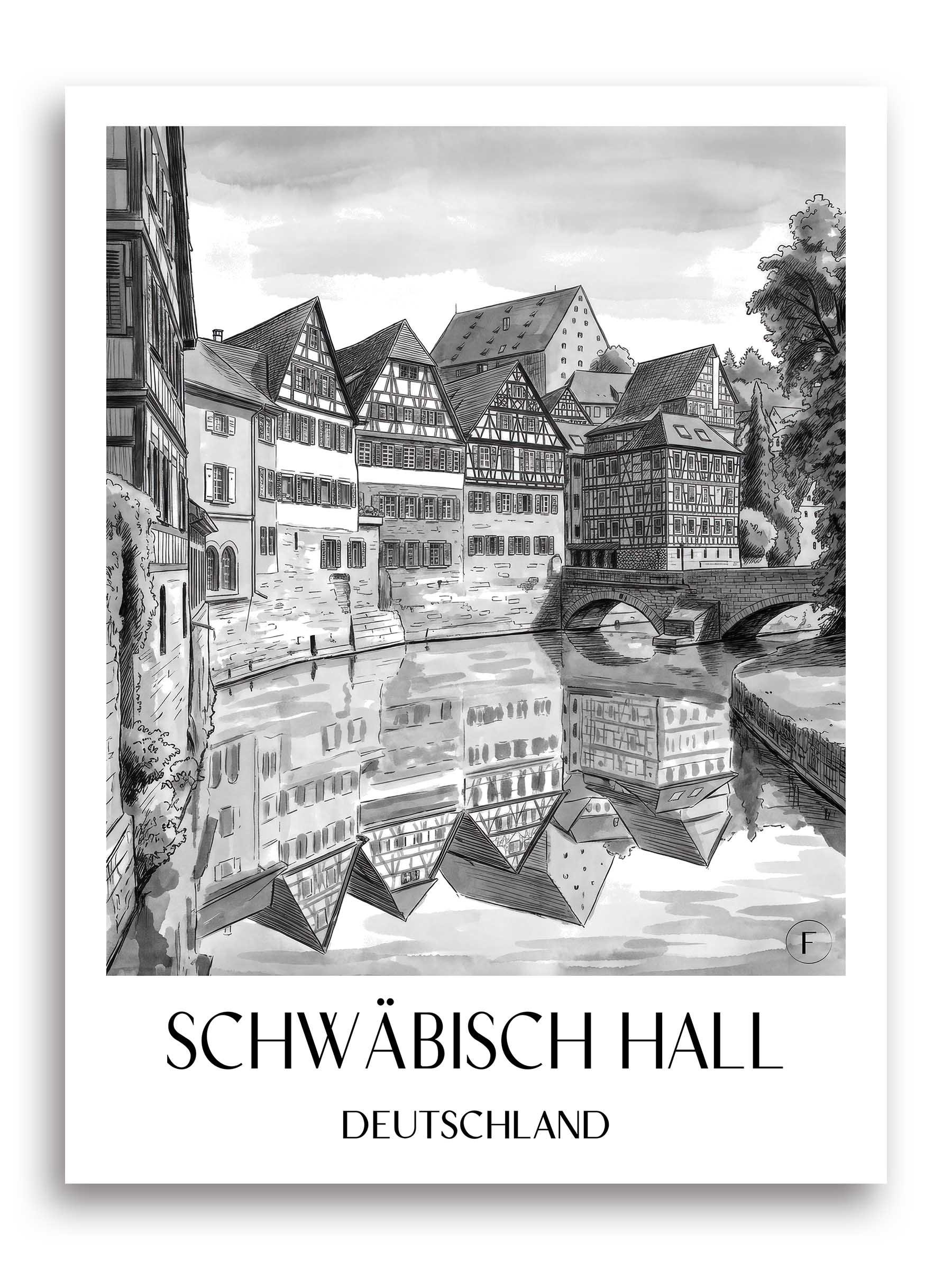 schwäbisch-hall-deutschland-poster-aquarell-schwarz-weiss