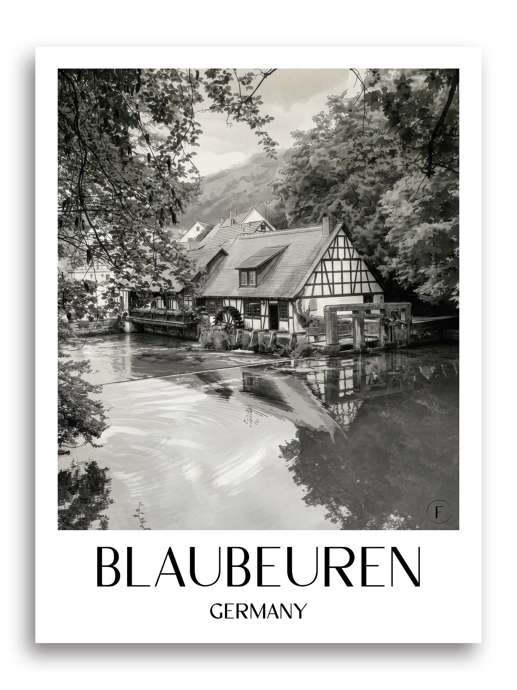 Blaubeuren Poster - - Deutschland Kunstdruck - Aquarell Schwarz-Weiß von A4 bis A1