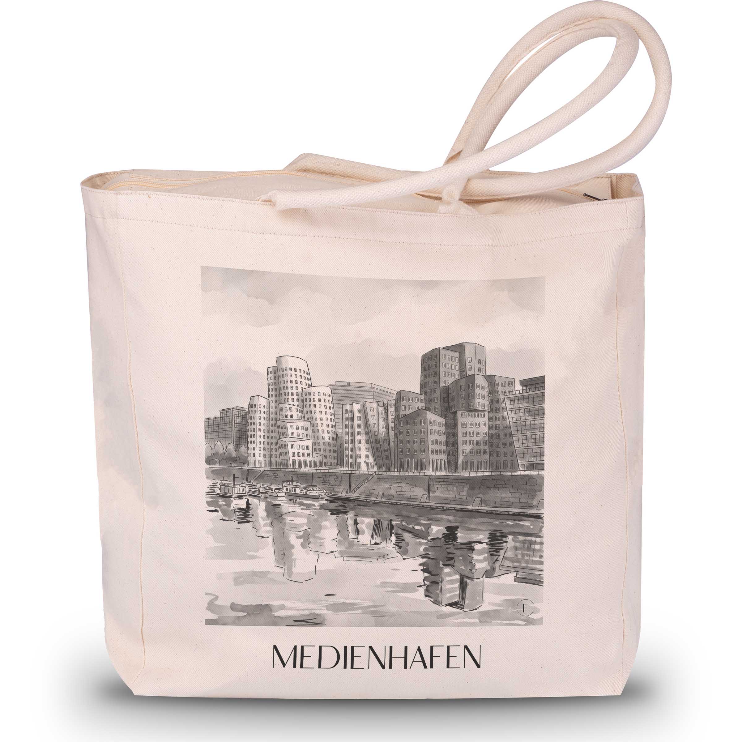 medienhafen-düsseldorf-deutschland-einkaufstasche-aquarell-schwarz-weiss
