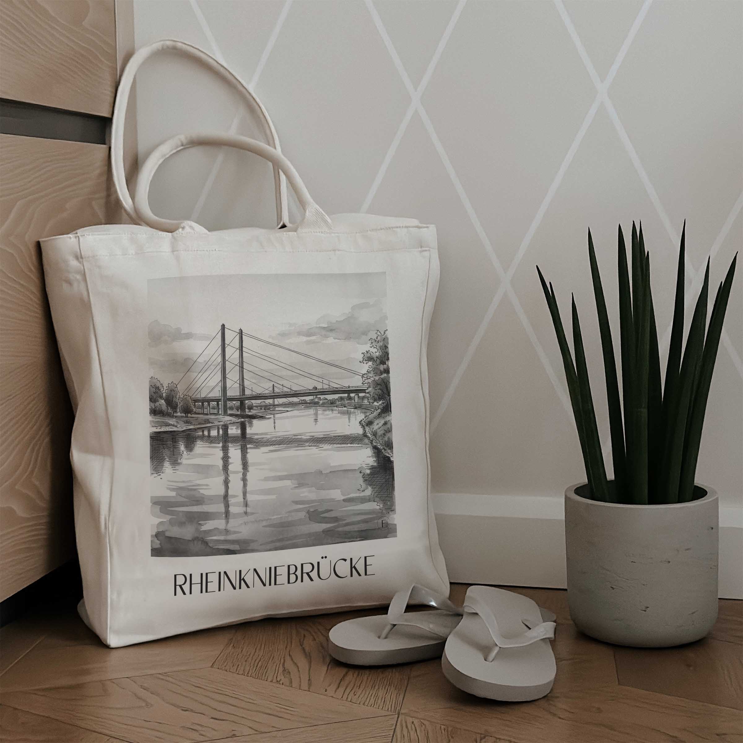 rheinkniebrücke-düsseldorf-deutschland-einkaufstasche-aquarell-schwarz-weiss