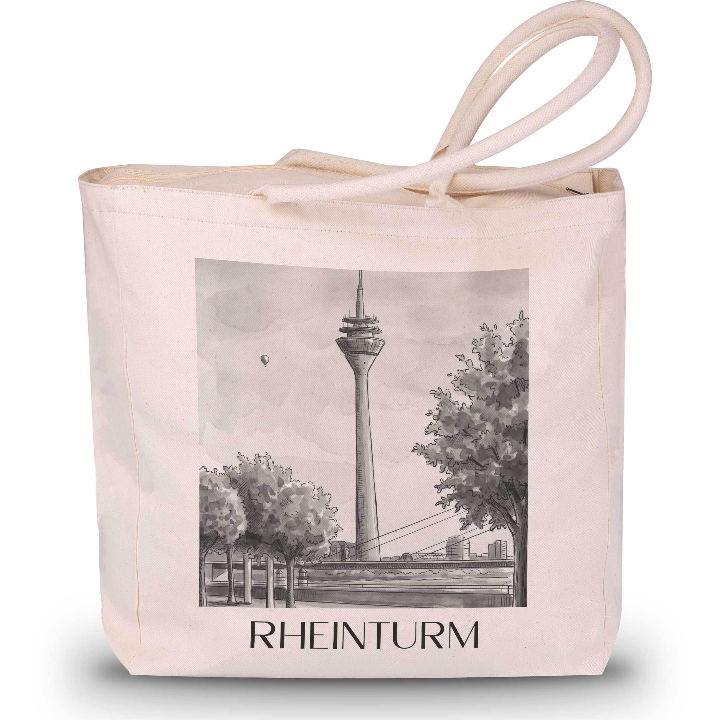 rheinturm-düsseldorf-deutschland-einkaufstasche-aquarell-schwarz-weiss