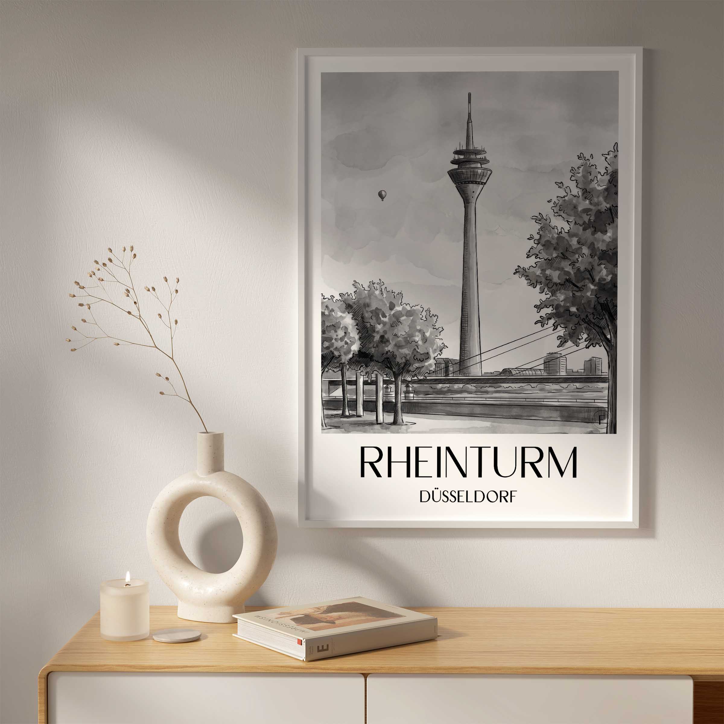 rheinturm-düsseldorf-deutschland-poster-aquarell-schwarz-weiss