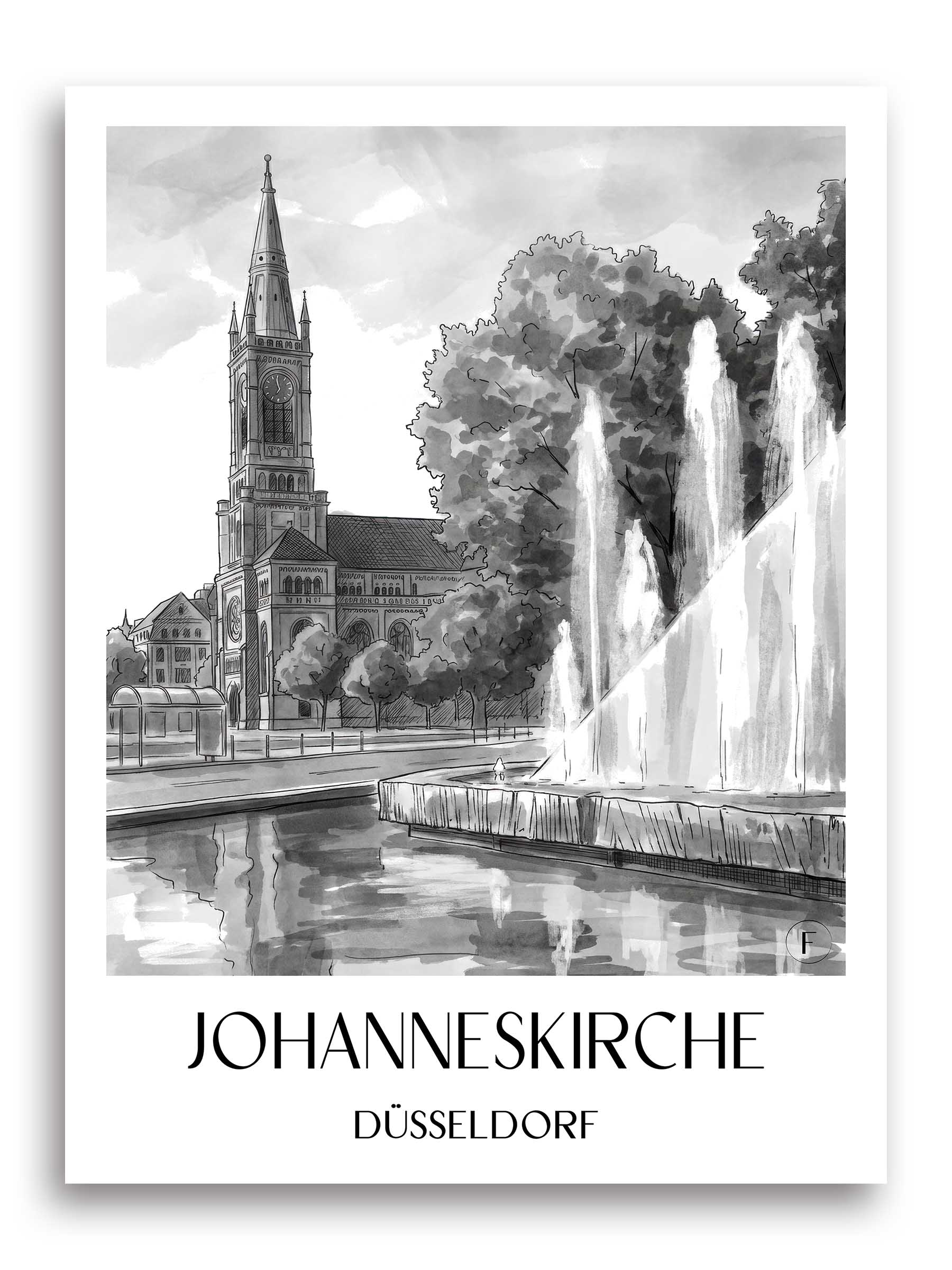johanneskirche-düsseldorf-deutschland-poster-aquarell-schwarz-weiss