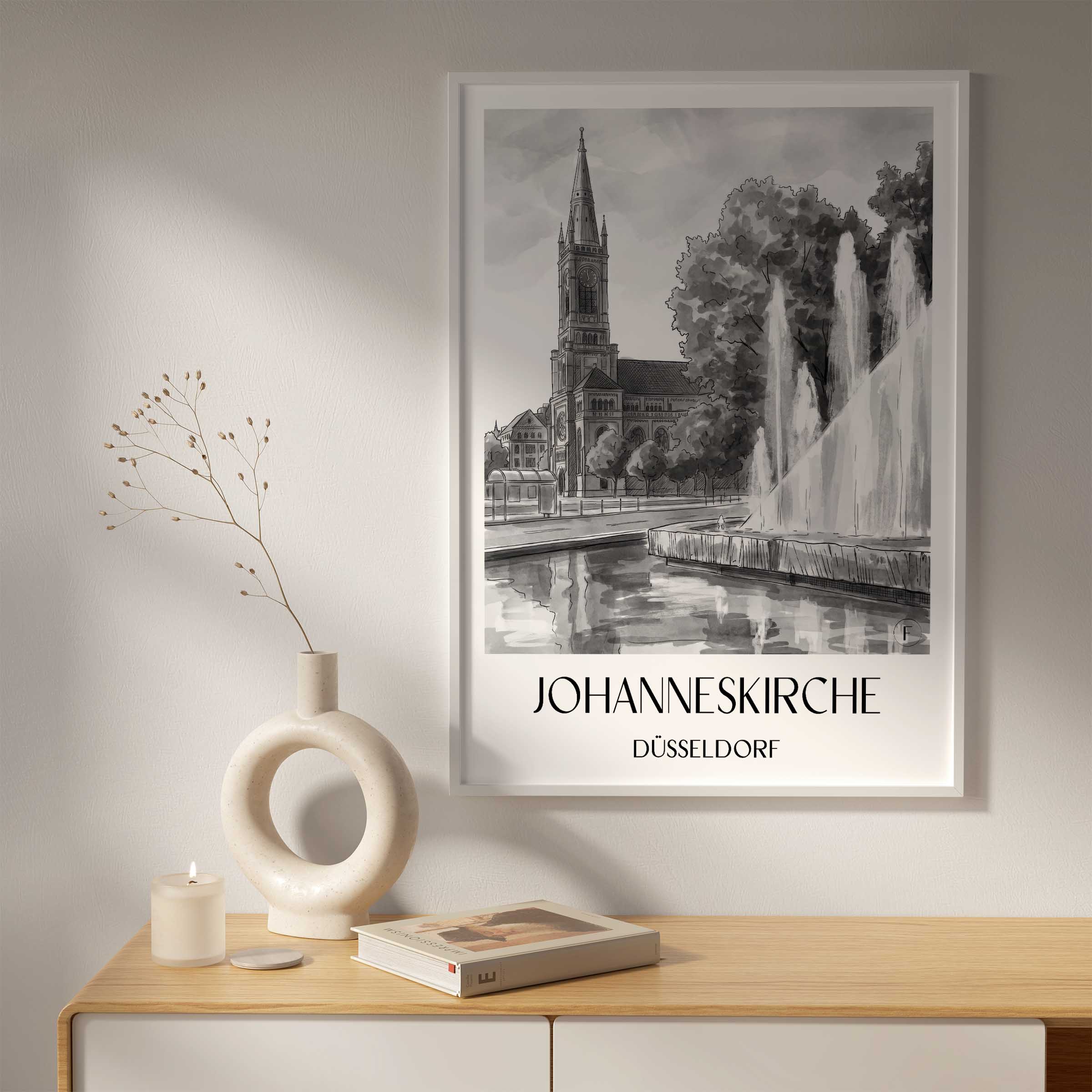 johanneskirche-düsseldorf-deutschland-poster-aquarell-schwarz-weiss