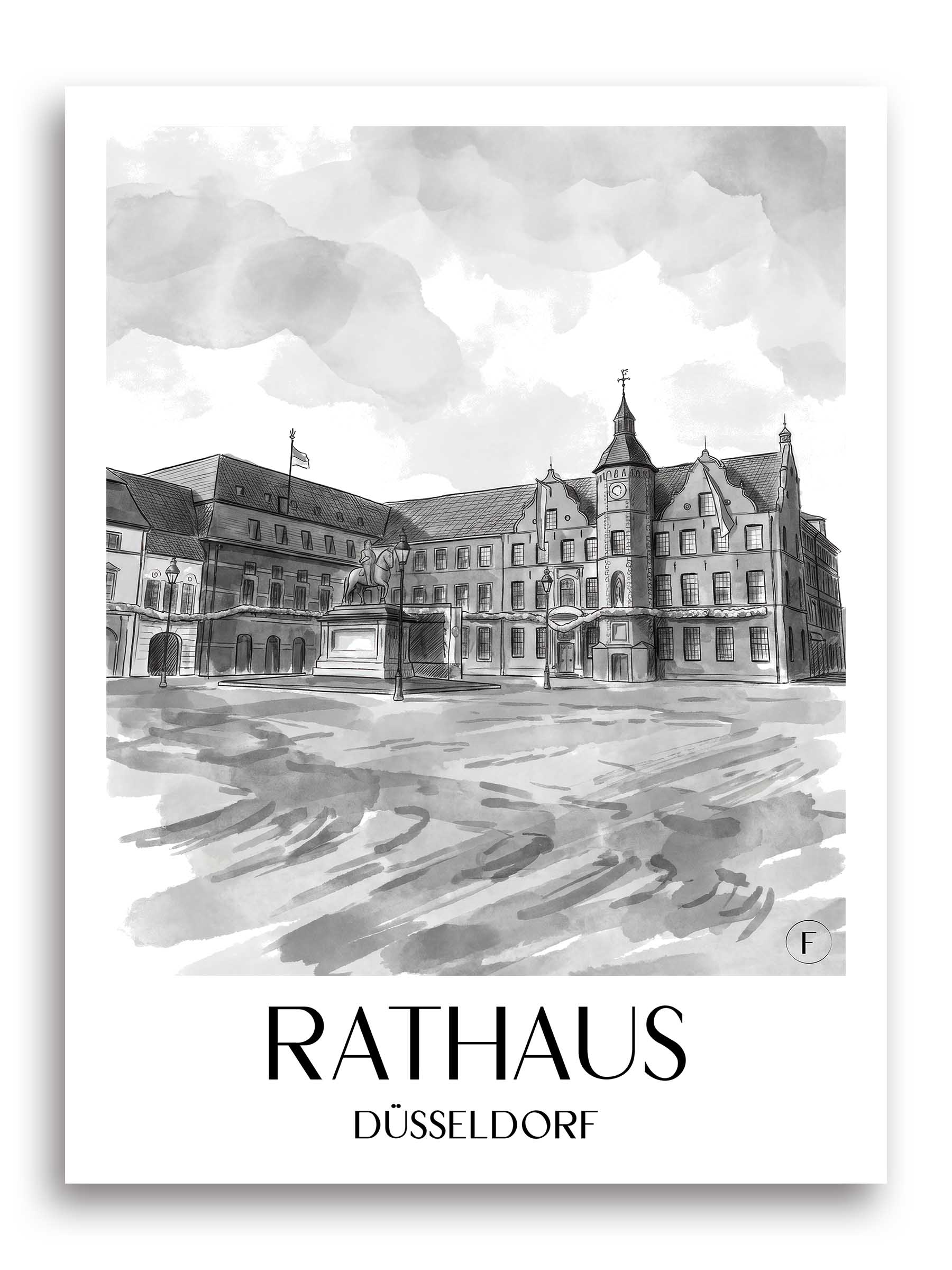 rathaus-düsseldorf-deutschland-poster-aquarell-schwarz-weiss