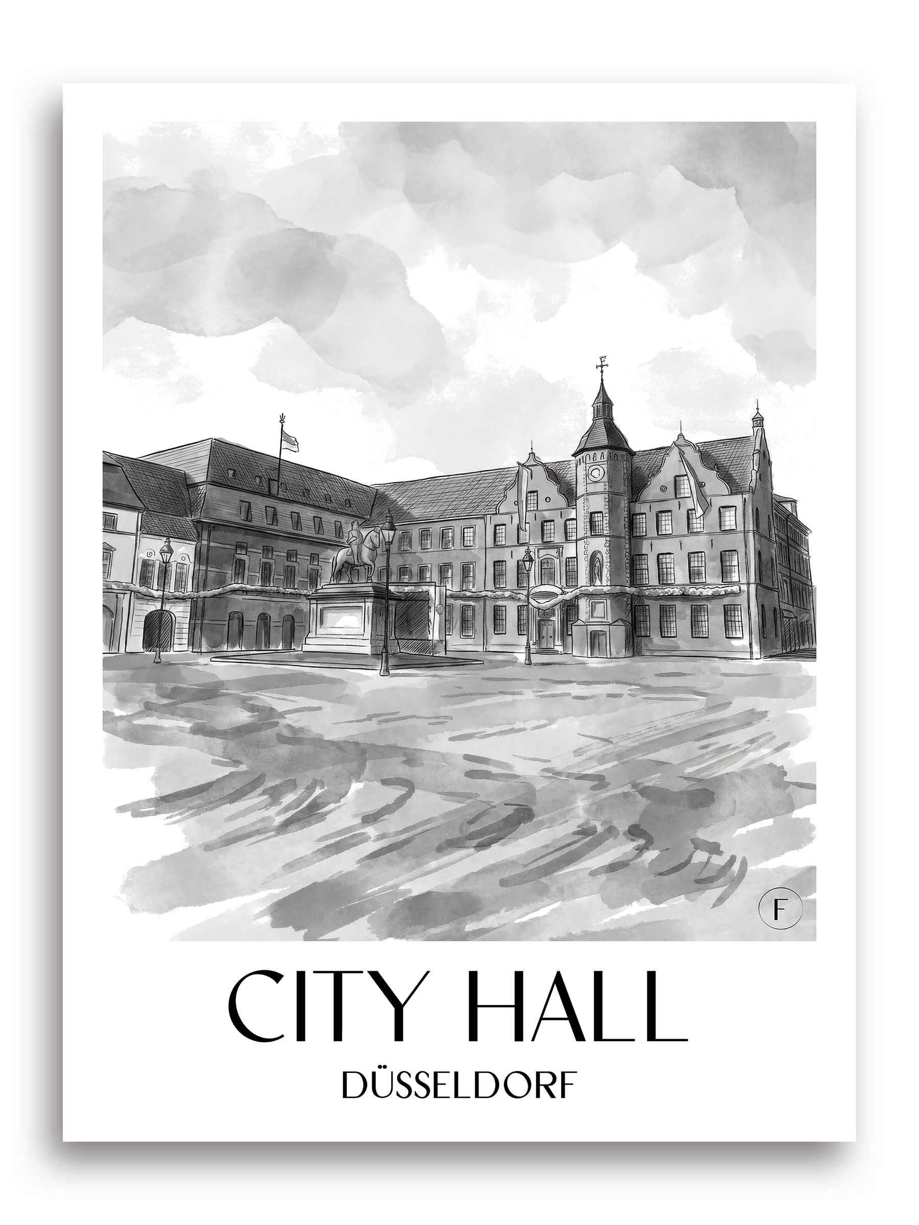Rathaus Poster - Düsseldorf - Deutschland Kunstdruck - Aquarell Schwarz-Weiß von A4 bis A1