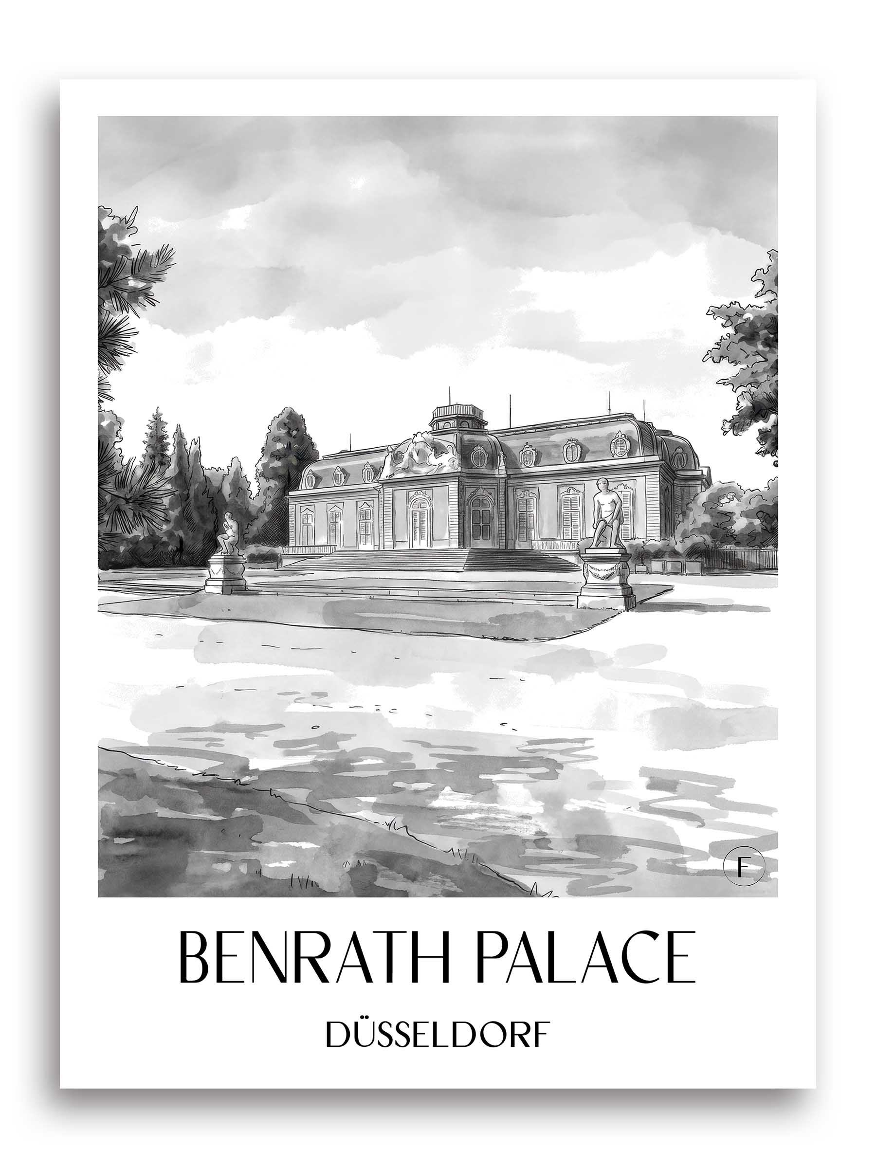 Schloss Benrath Poster - Düsseldorf - Deutschland Kunstdruck - Aquarell Schwarz-Weiß von A4 bis A1