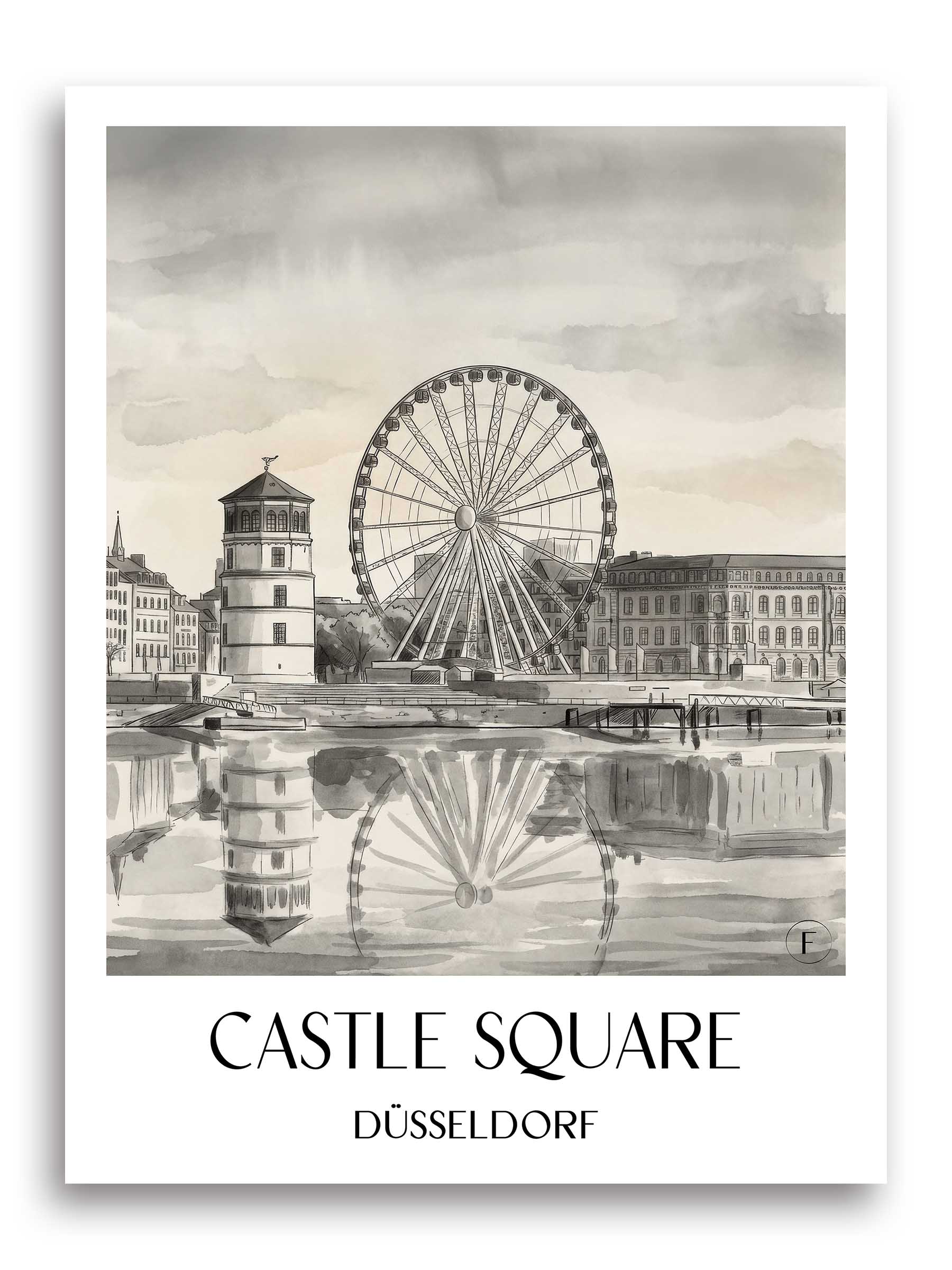 Burgplatz Poster - Düsseldorf - Deutschland Kunstdruck - Aquarell Schwarz-Weiß von A4 bis A1
