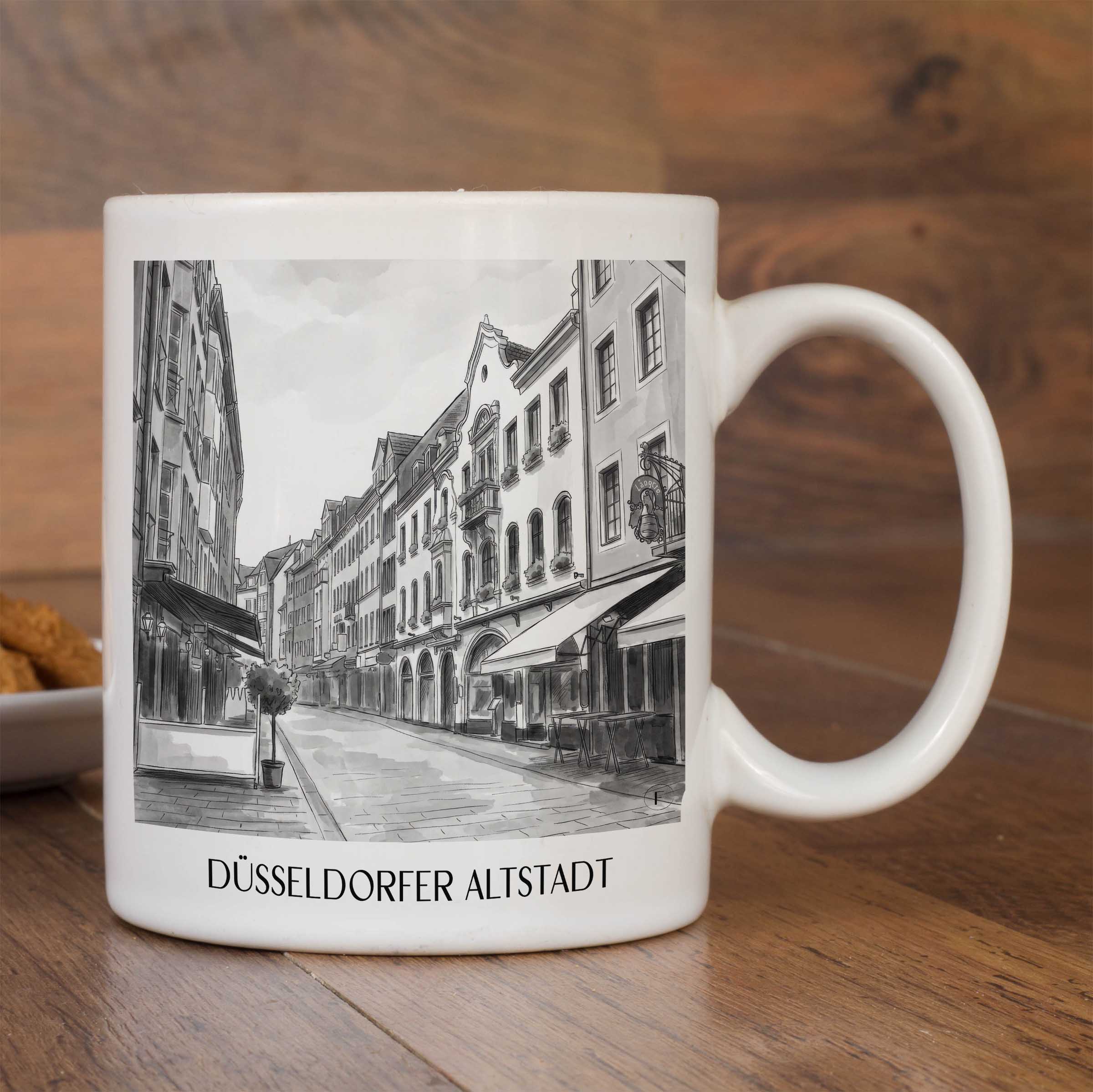 altstadt-düsseldorf-deutschland-kaffeebecher-aquarell-schwarz-weiss