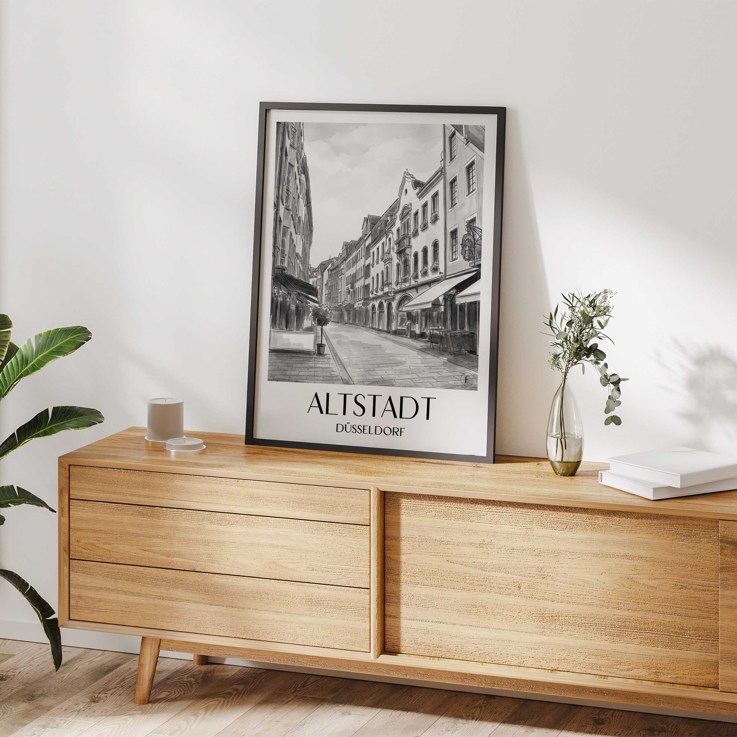 altstadt-düsseldorf-deutschland-poster-aquarell-schwarz-weiss