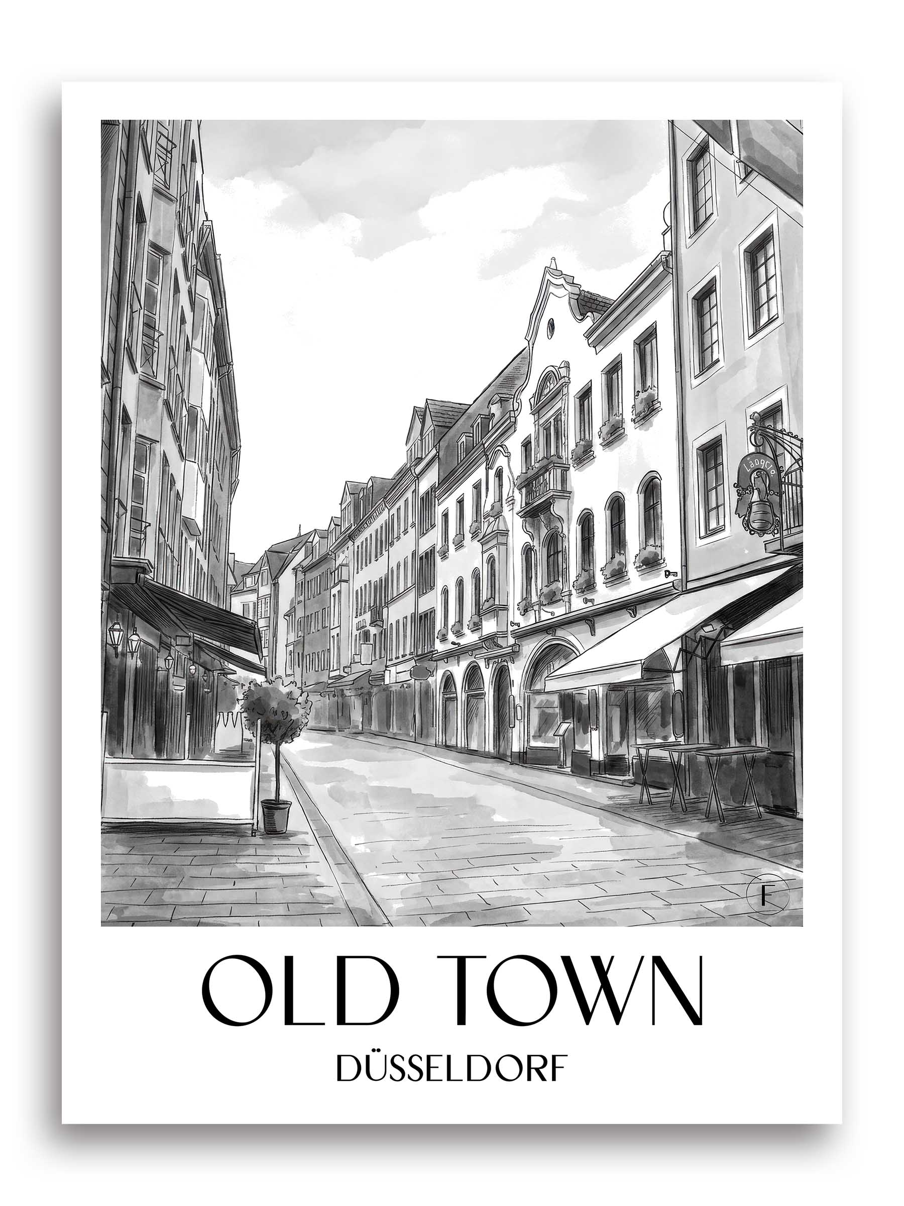 Altstadt Poster - Düsseldorf - Deutschland Kunstdruck - Aquarell Schwarz-Weiß von A4 bis A1