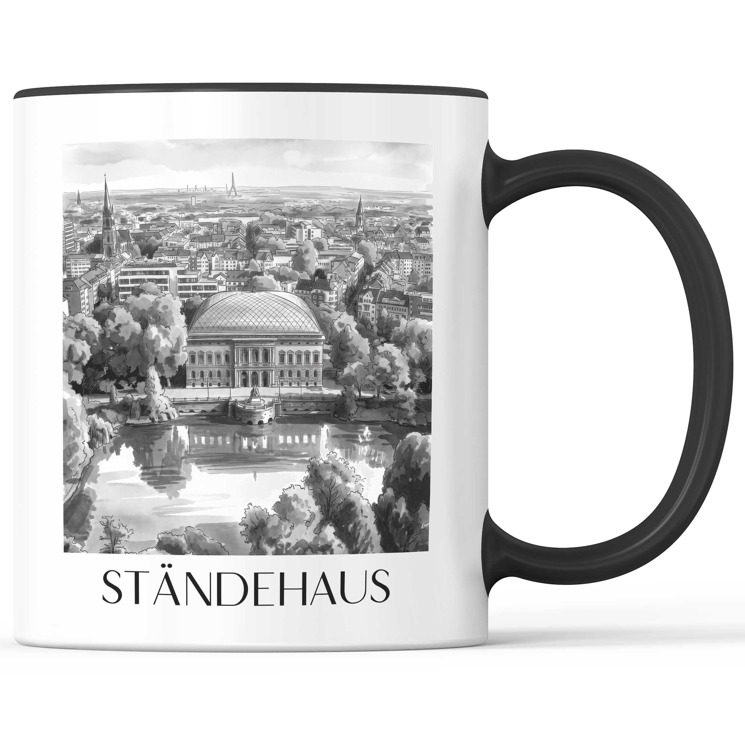 ständehaus-düsseldorf-deutschland-kaffeebecher-aquarell-schwarz-weiss