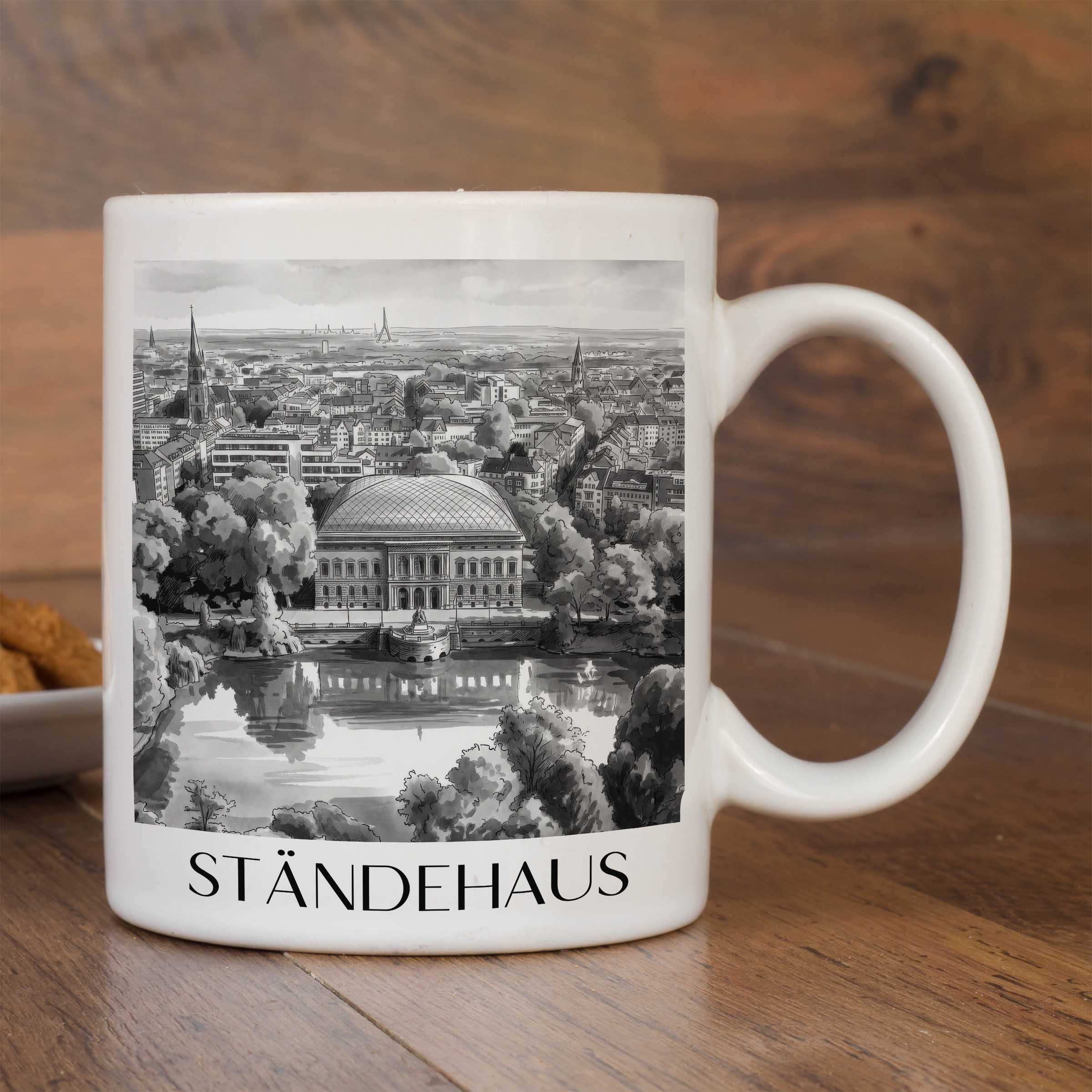 ständehaus-düsseldorf-deutschland-kaffeebecher-aquarell-schwarz-weiss
