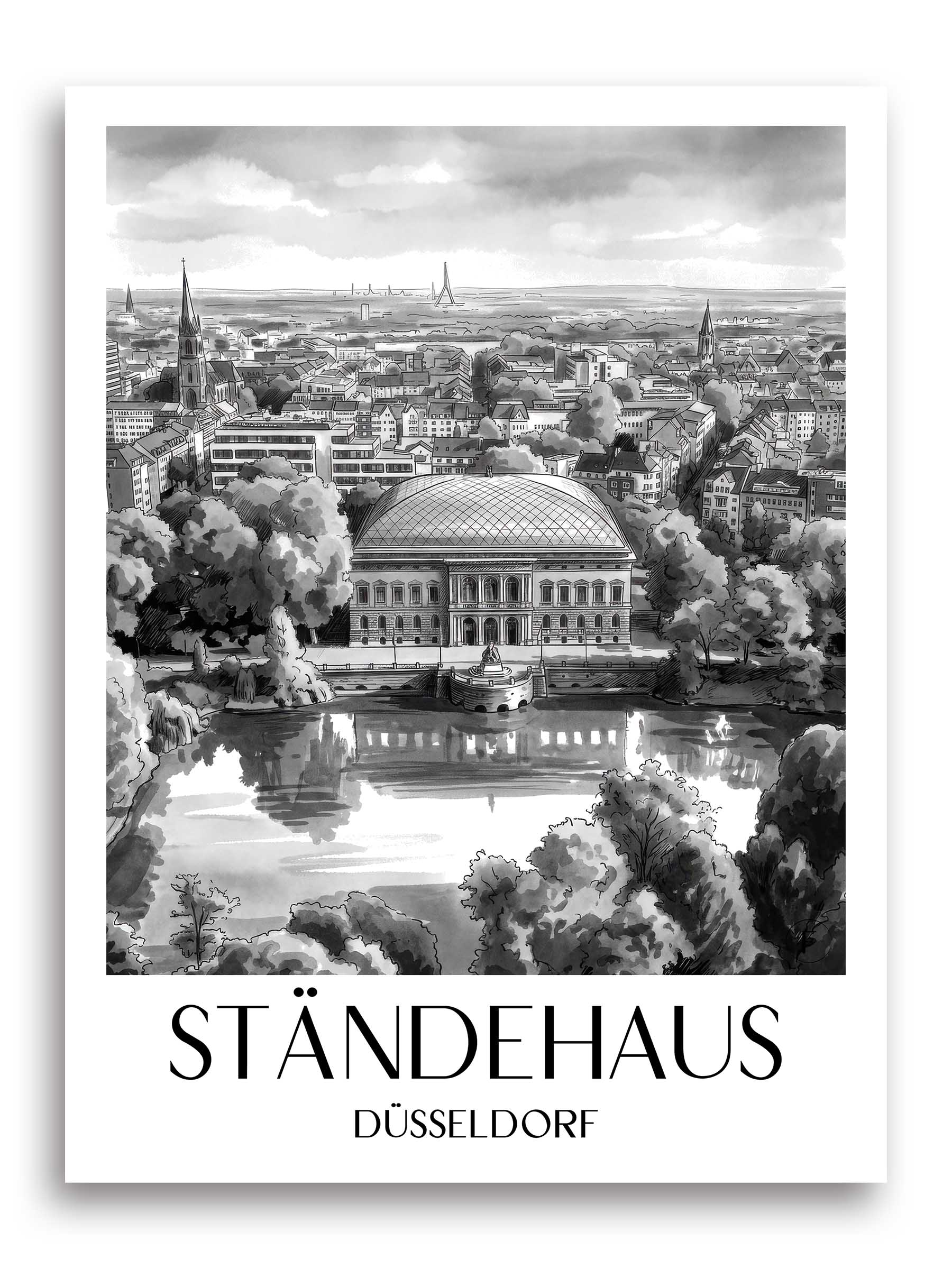 ständehaus-düsseldorf-deutschland-poster-aquarell-schwarz-weiss
