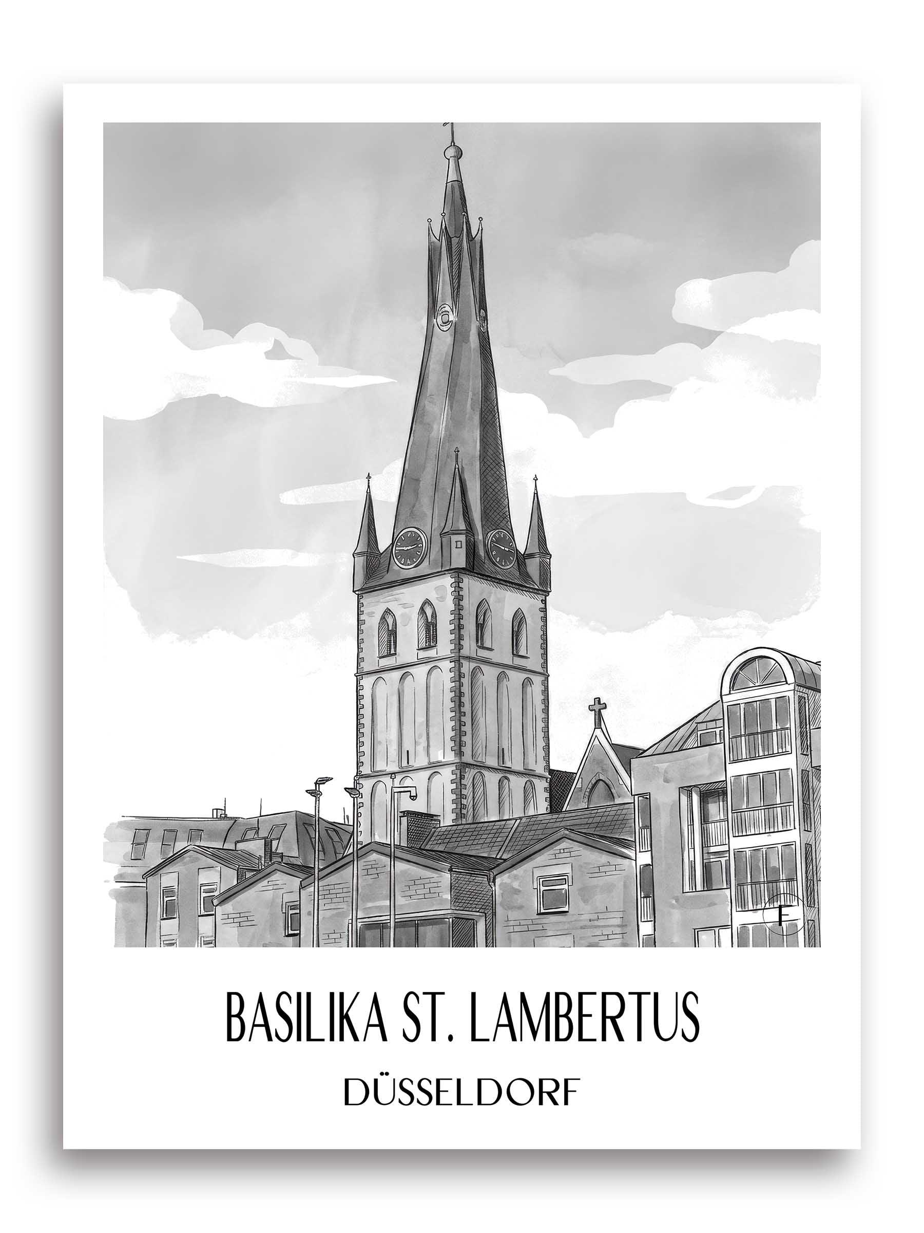 basilika-st.-lambertus-düsseldorf-deutschland-poster-aquarell-schwarz-weiss