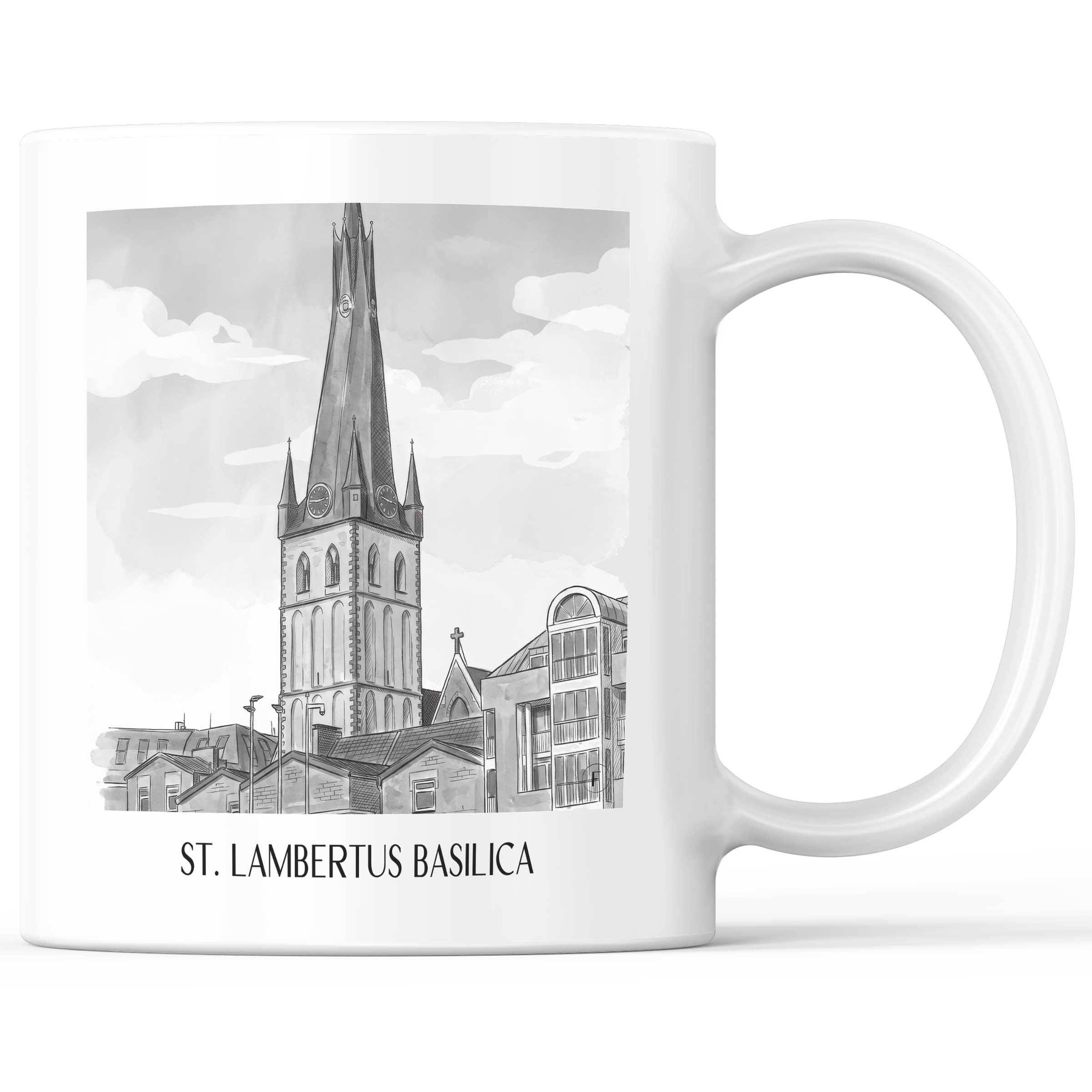 Basilika St. Lambertus Kaffeebecher - Düsseldorf - Deutschland Becher - Kaffeetasse im Aquarell Schwarz-Weiß Stil