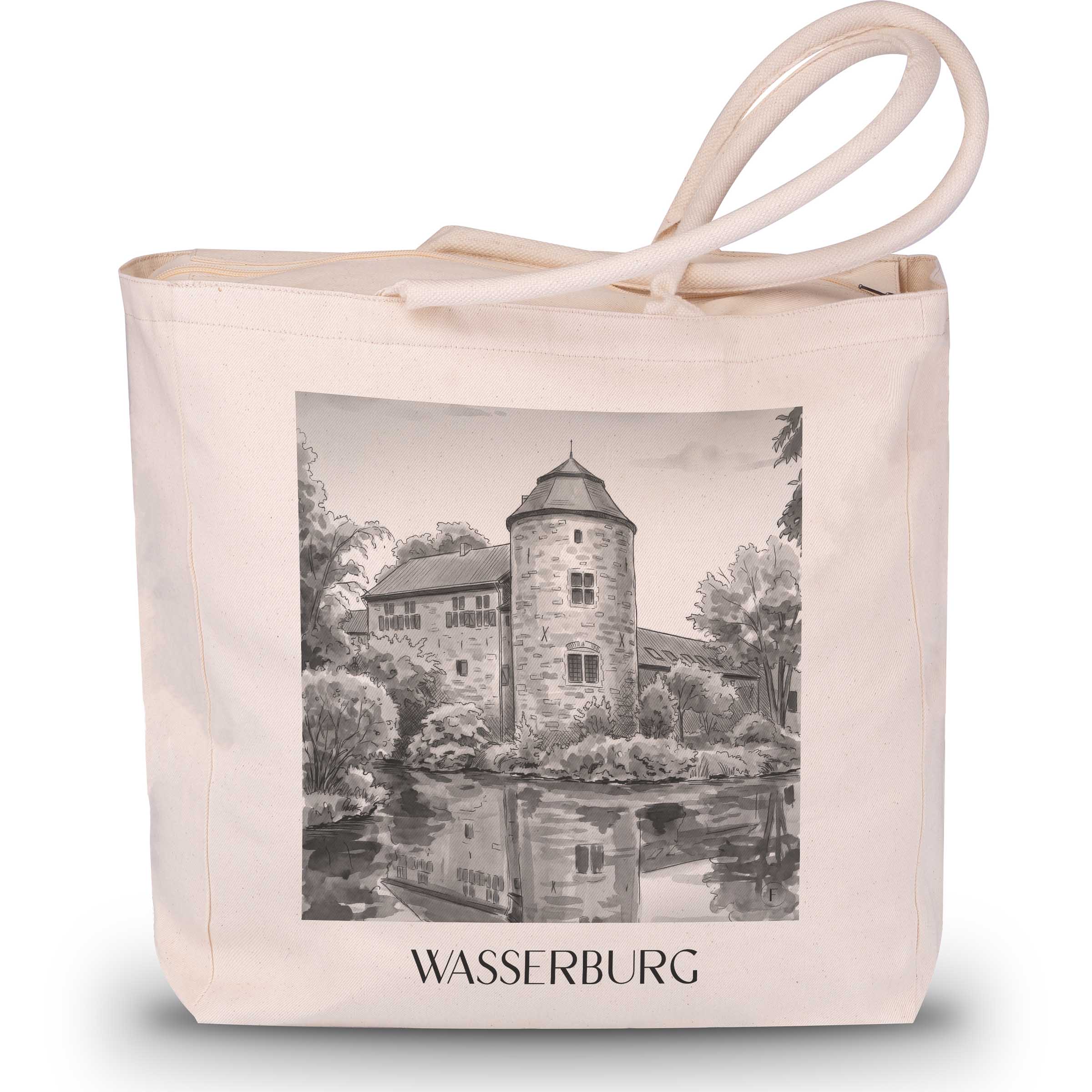 wasserburg--ratingen-deutschland-einkaufstasche-aquarell-schwarz-weiss
